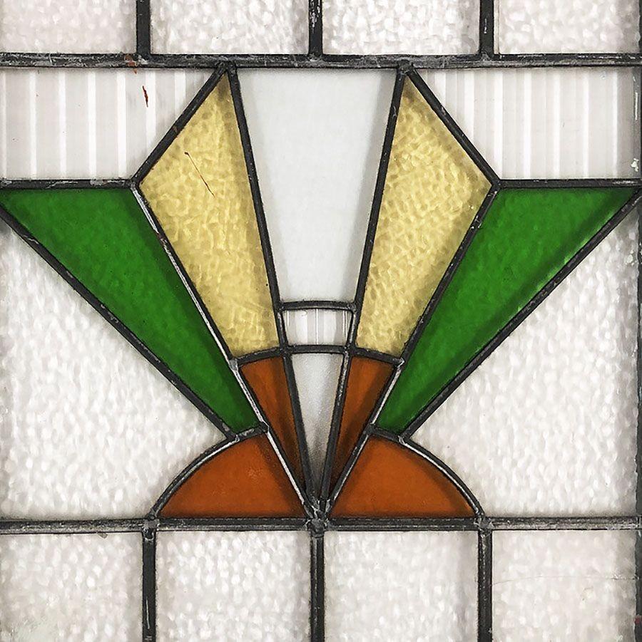 American Geometric Art Deco Stained Glass Wall Art. W/ Wood Frame For Sale