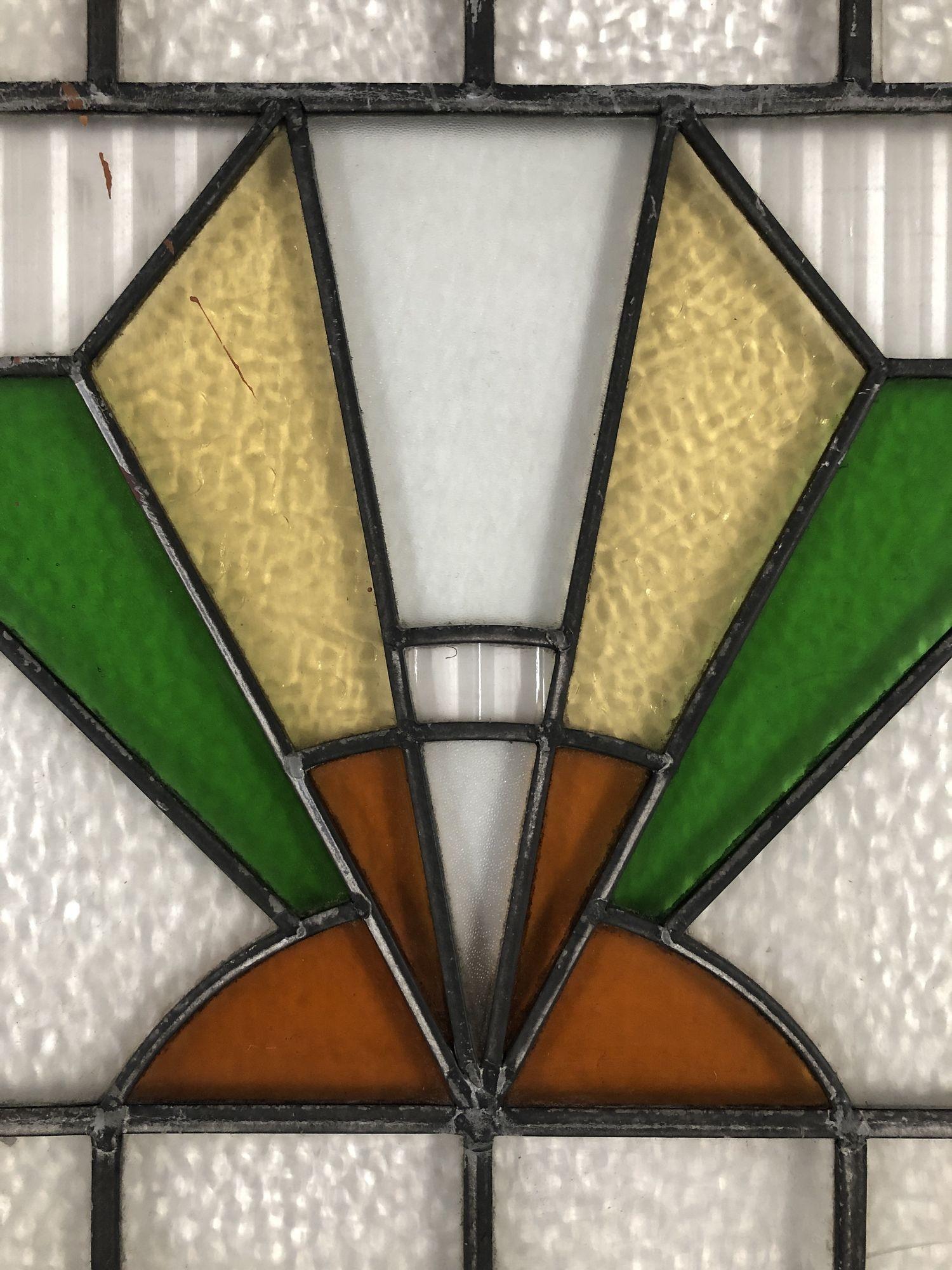 Geometric Art Deco Stained Glass Wall Art. W/ Wood Frame In Excellent Condition For Sale In Van Nuys, CA