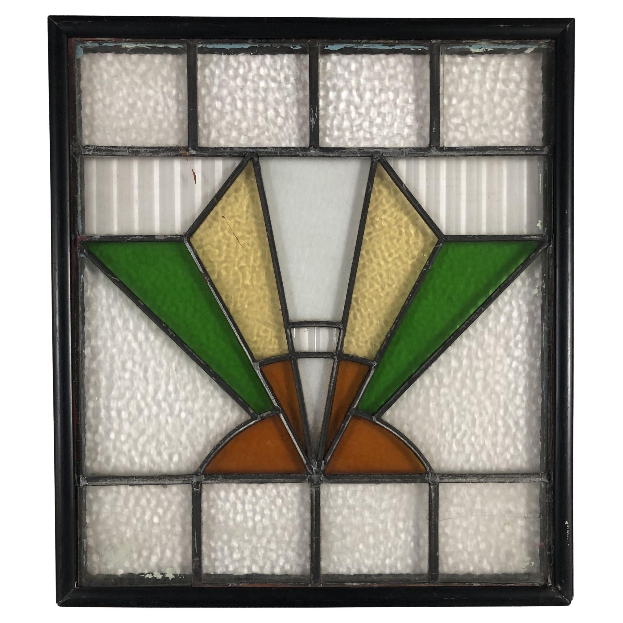 Geometric Art Deco Stained Glass Wall Art. W/ Wood Frame For Sale
