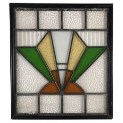 Antique Geometric Art Deco Stained Glass Wall Art. W/ Wood Frame