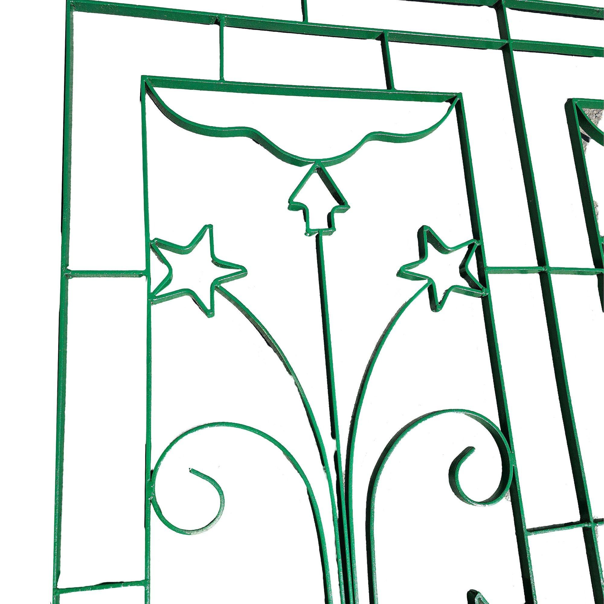 Geometric Art Deco wrought iron gate panel with star flower, and Arrow features an intricate wrought iron design that blends natural inspiration with symbolic geometry. At its heart is a graceful curling vine, winding upward in a fluid, organic