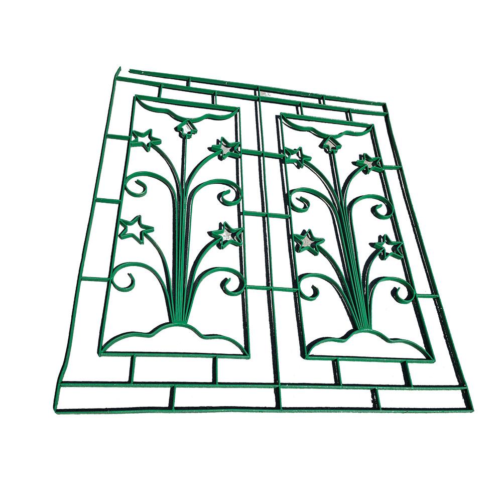 Geometric Art Deco wrought iron gate panel with star flower, and Arrow features an intricate wrought iron design that blends natural inspiration with symbolic geometry. At its heart is a graceful curling vine, winding upward in a fluid, organic