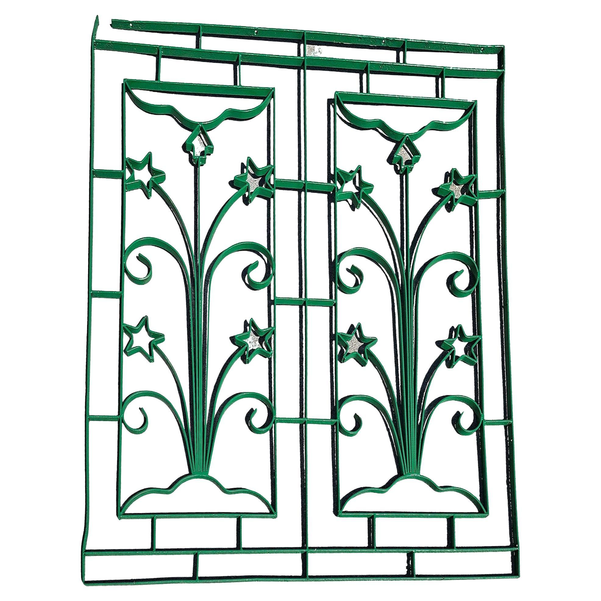 Geometric Art Deco Wrought Iron Gate Panel with Star Flower and Arrow For Sale
