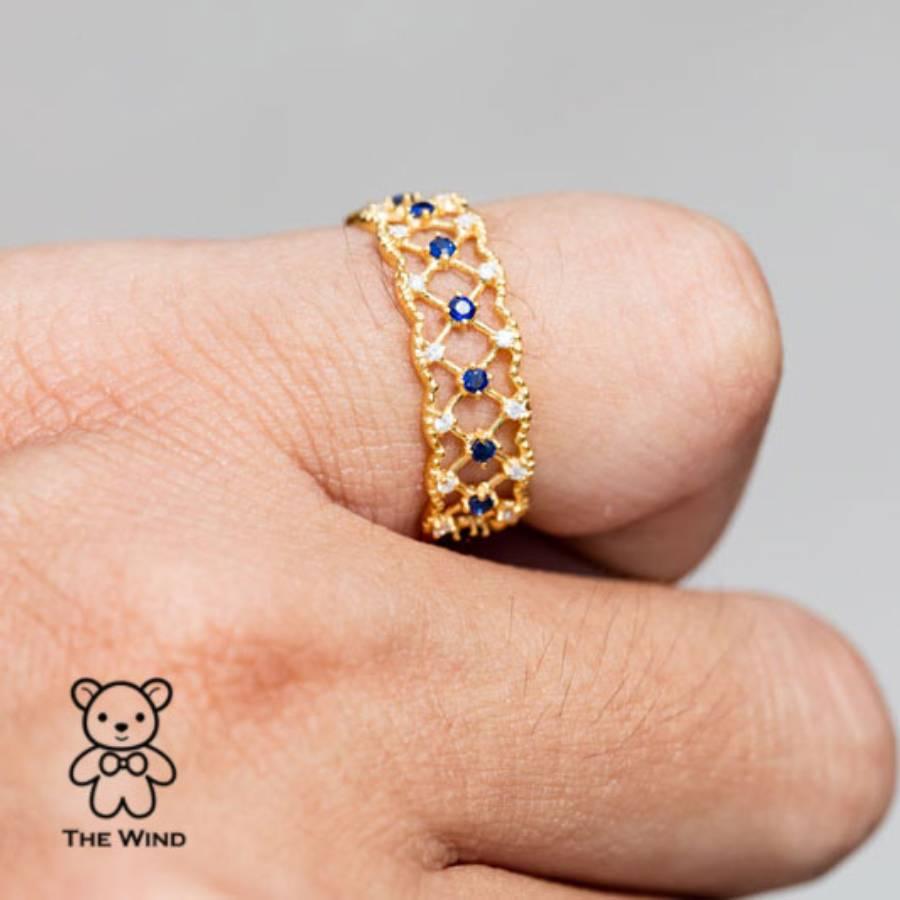 Artist Geometric Art Design Sapphire & Diamond 18K Yellow Gold Ring For Sale