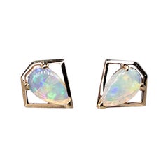 Geometric Art Diamond Shaped Australian Solid Opal Stud Earrings 14k Yellow Gold