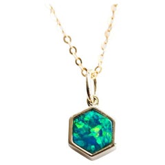 Geometric Art Hexagon Australian Doublet Opal Pendant Necklace 14k Yellow Gold