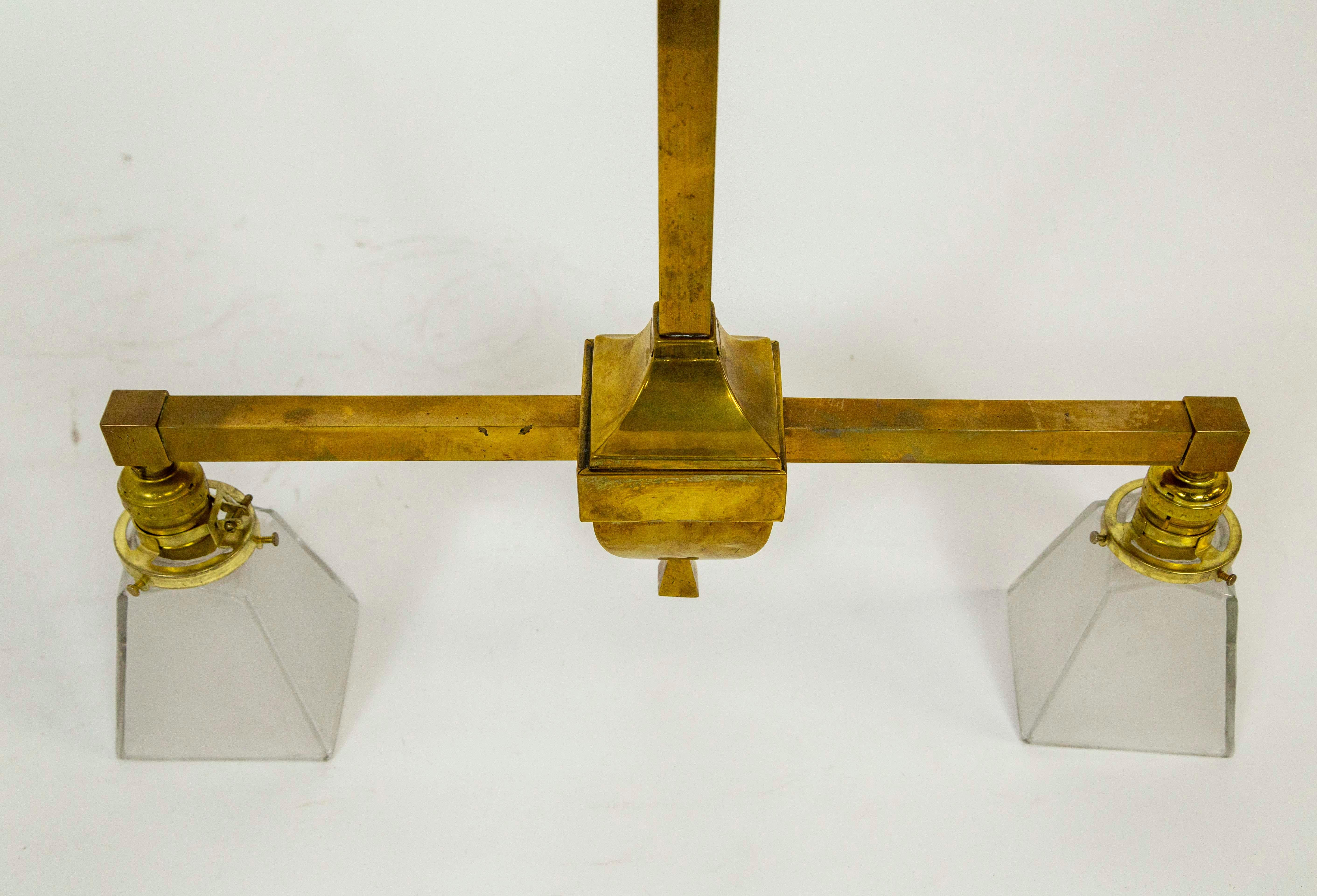 Geometric Arts & Crafts 2-Light Brass Pendant Light For Sale 8