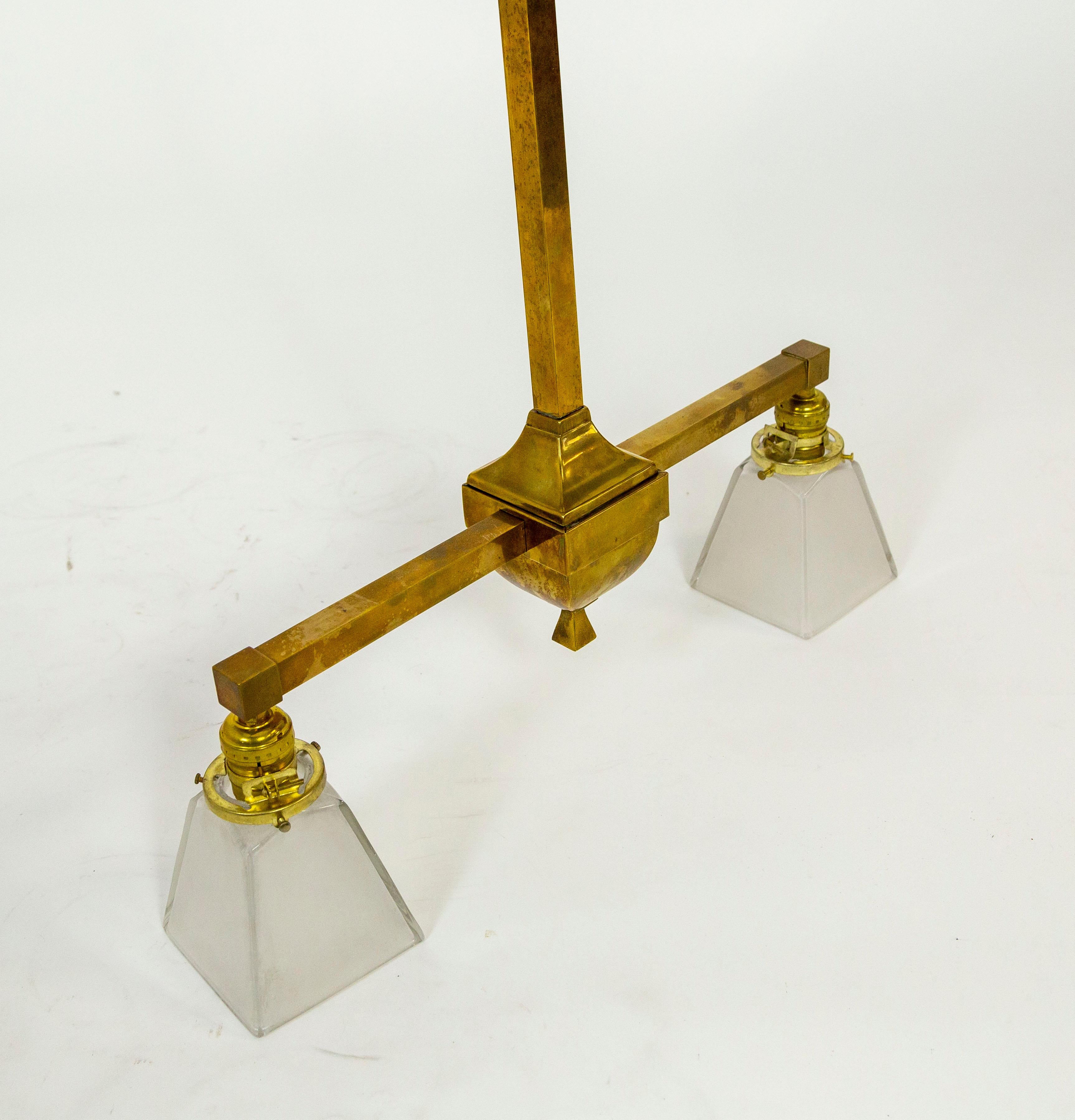 Geometric Arts & Crafts 2-Light Brass Pendant Light For Sale 9