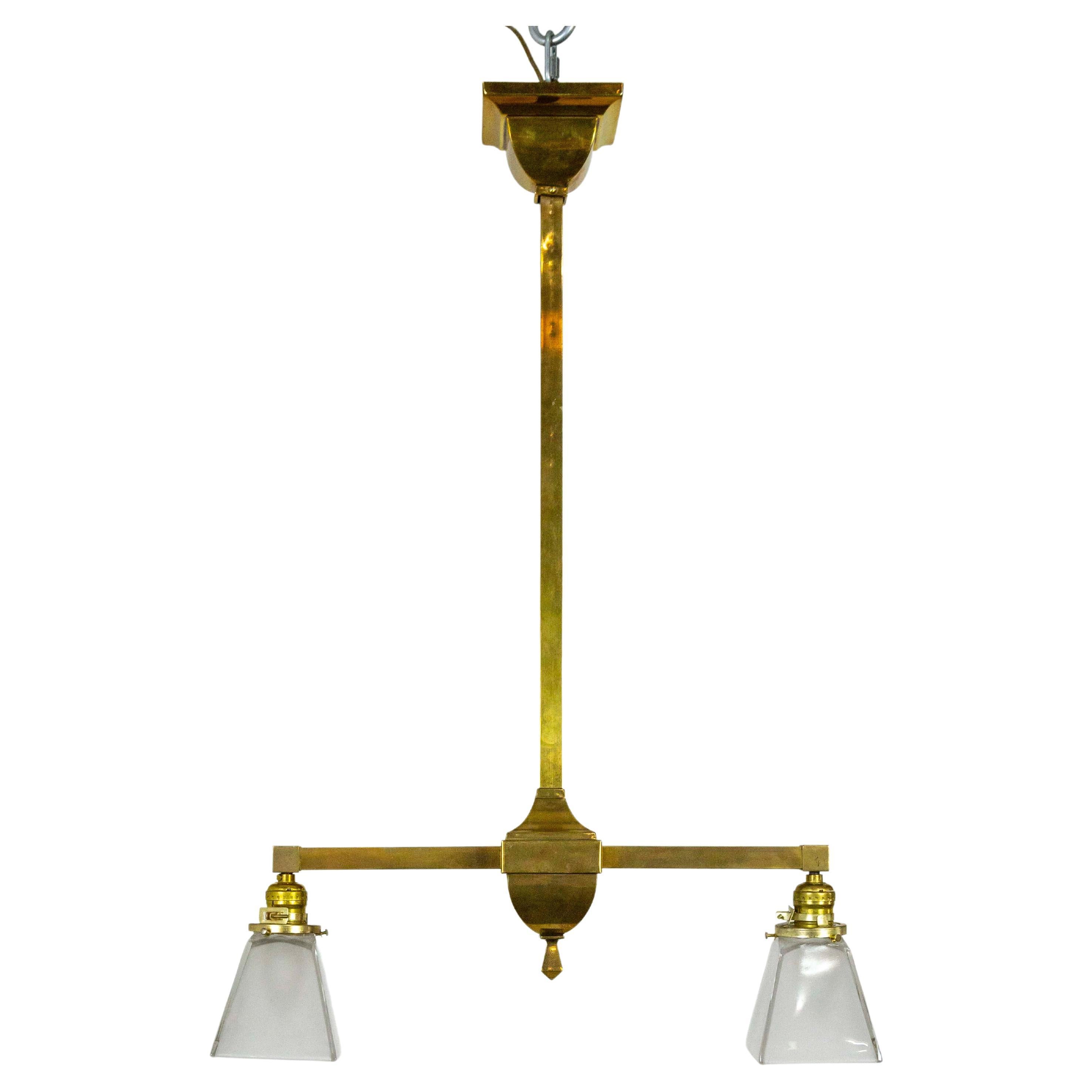 Geometric Arts & Crafts 2-Light Brass Pendant Light For Sale