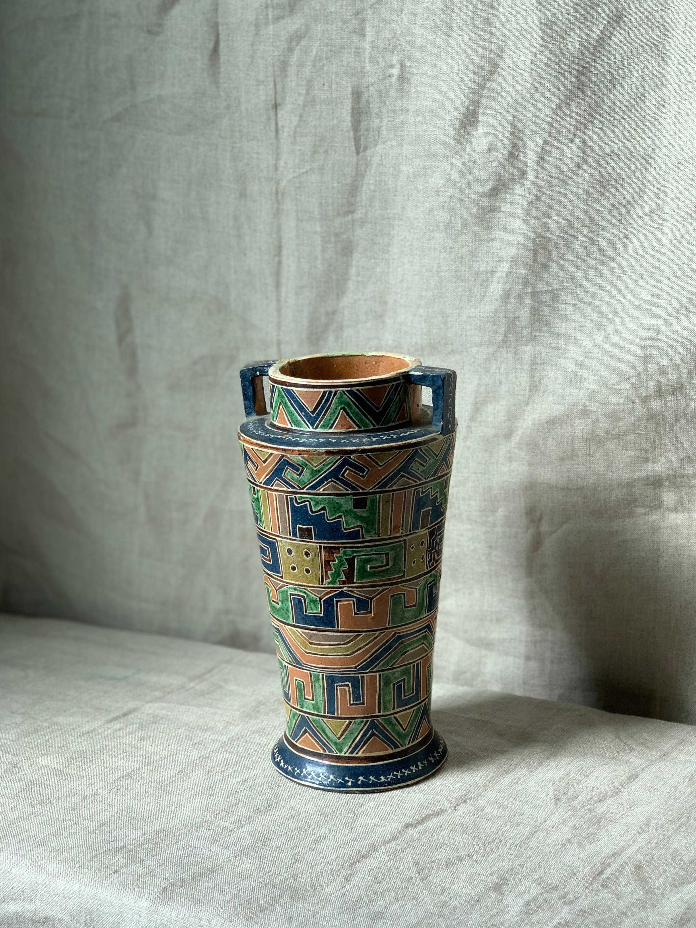 Mid-Century Modern Hand-Painted Aztec Pattern Vase For Sale