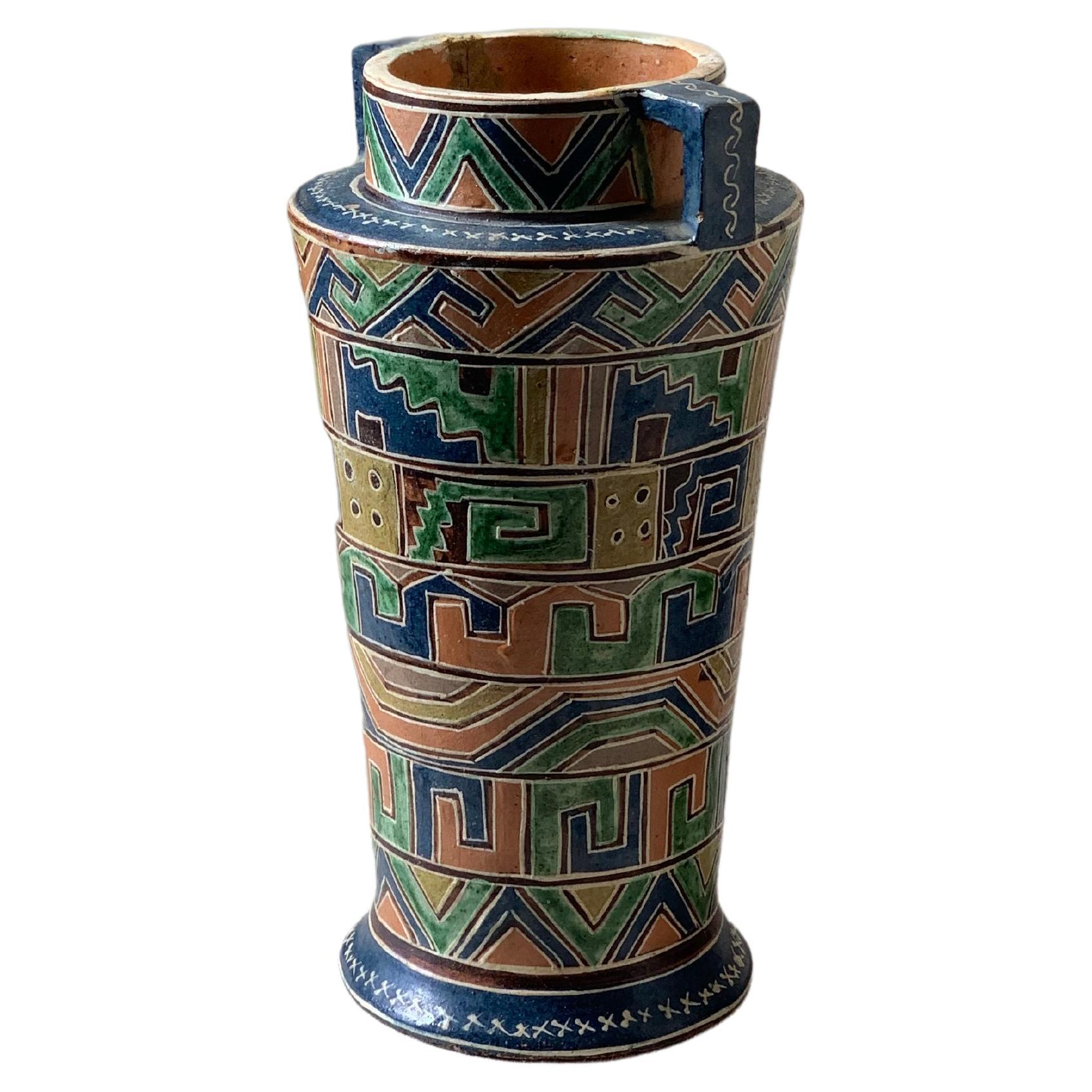 Hand-Painted Aztec Pattern Vase For Sale