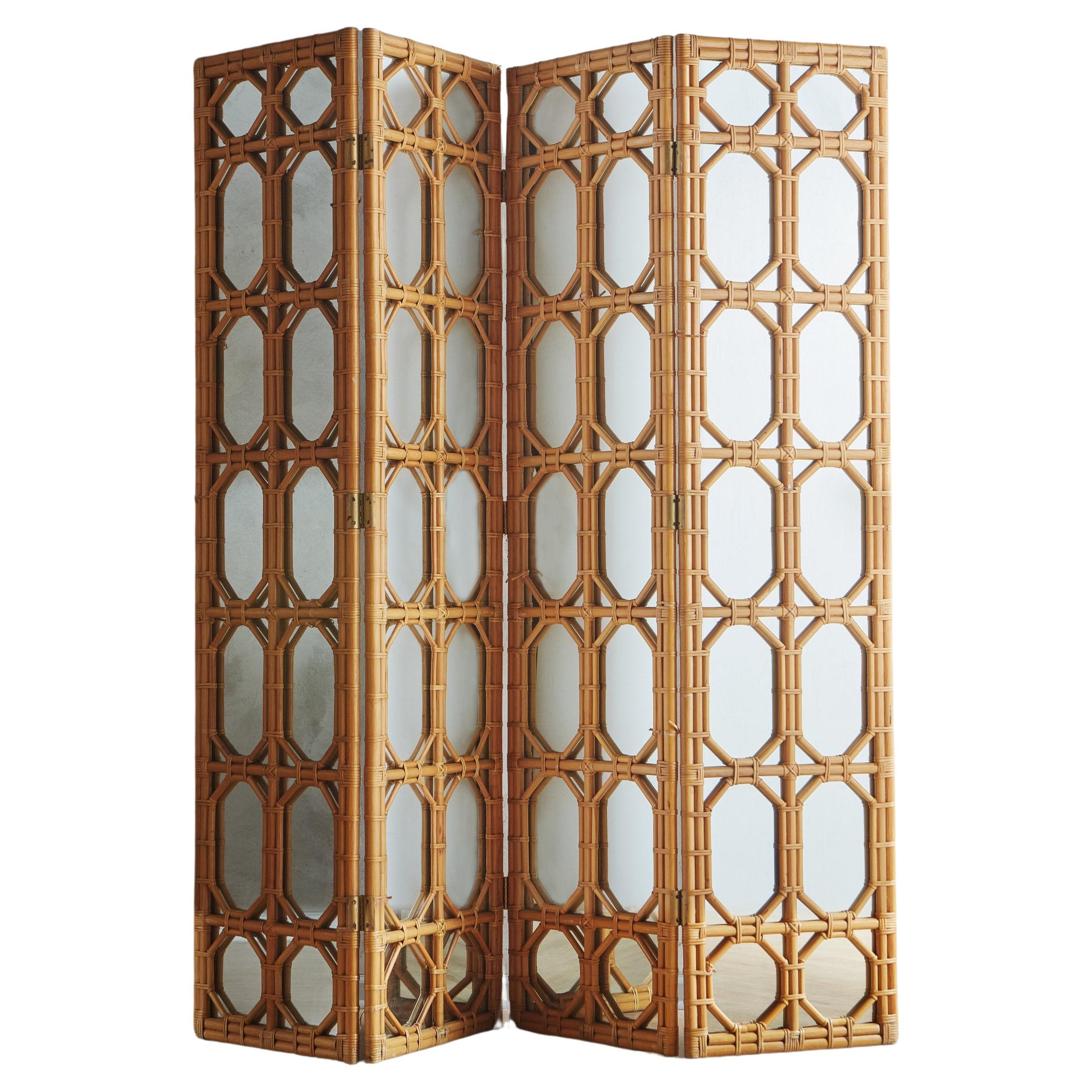 Geometric Bamboo + Cane Mirrored Divider or Screen, 20th Century For Sale