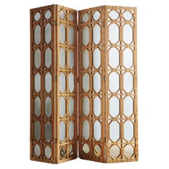 Geometric Bamboo + Cane Mirrored Divider or Screen, 20th Century