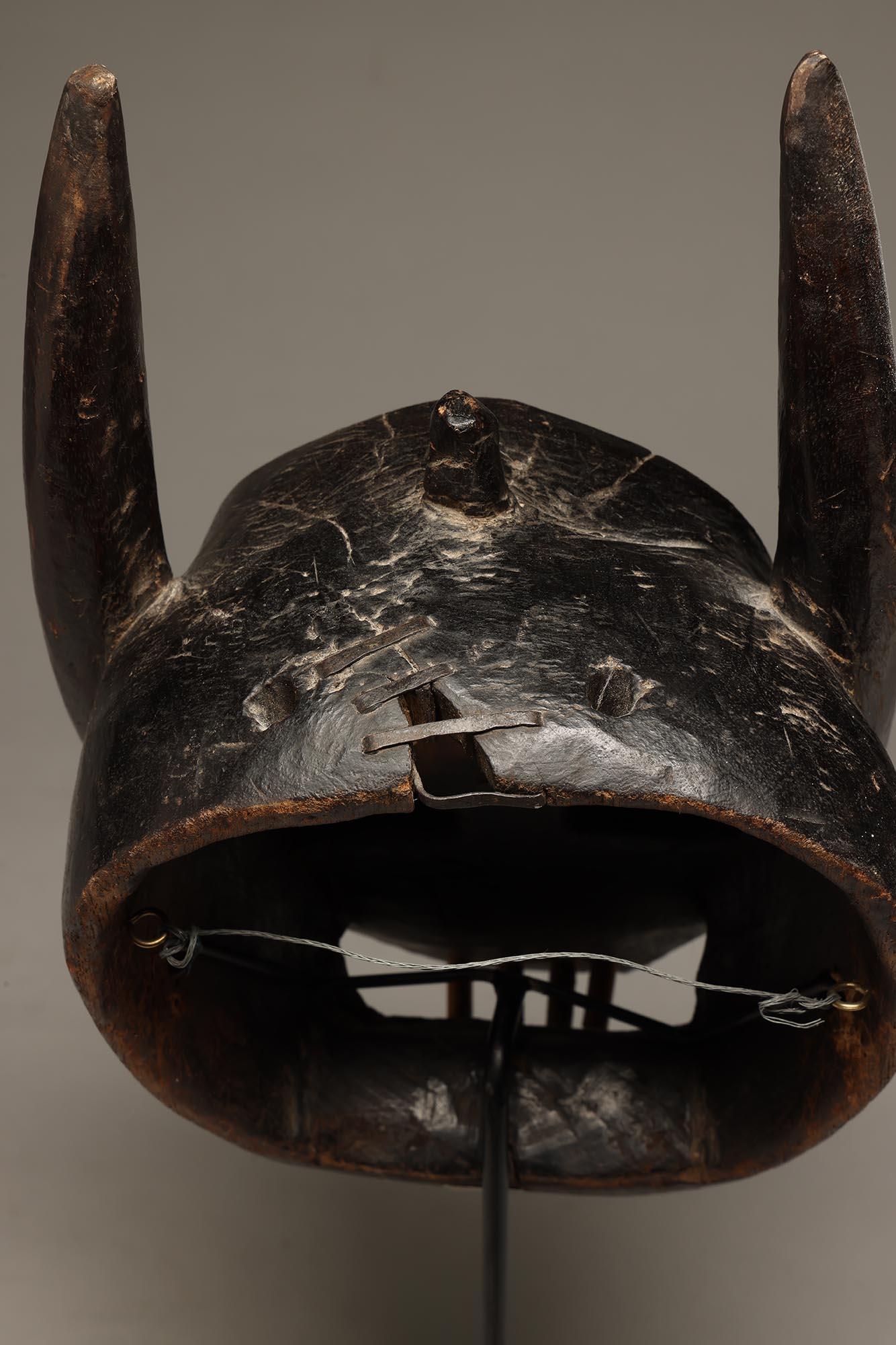 20th Century Geometric Barmbara Sukuru Animal Mask with horns, teeth, Mali, West Africa For Sale