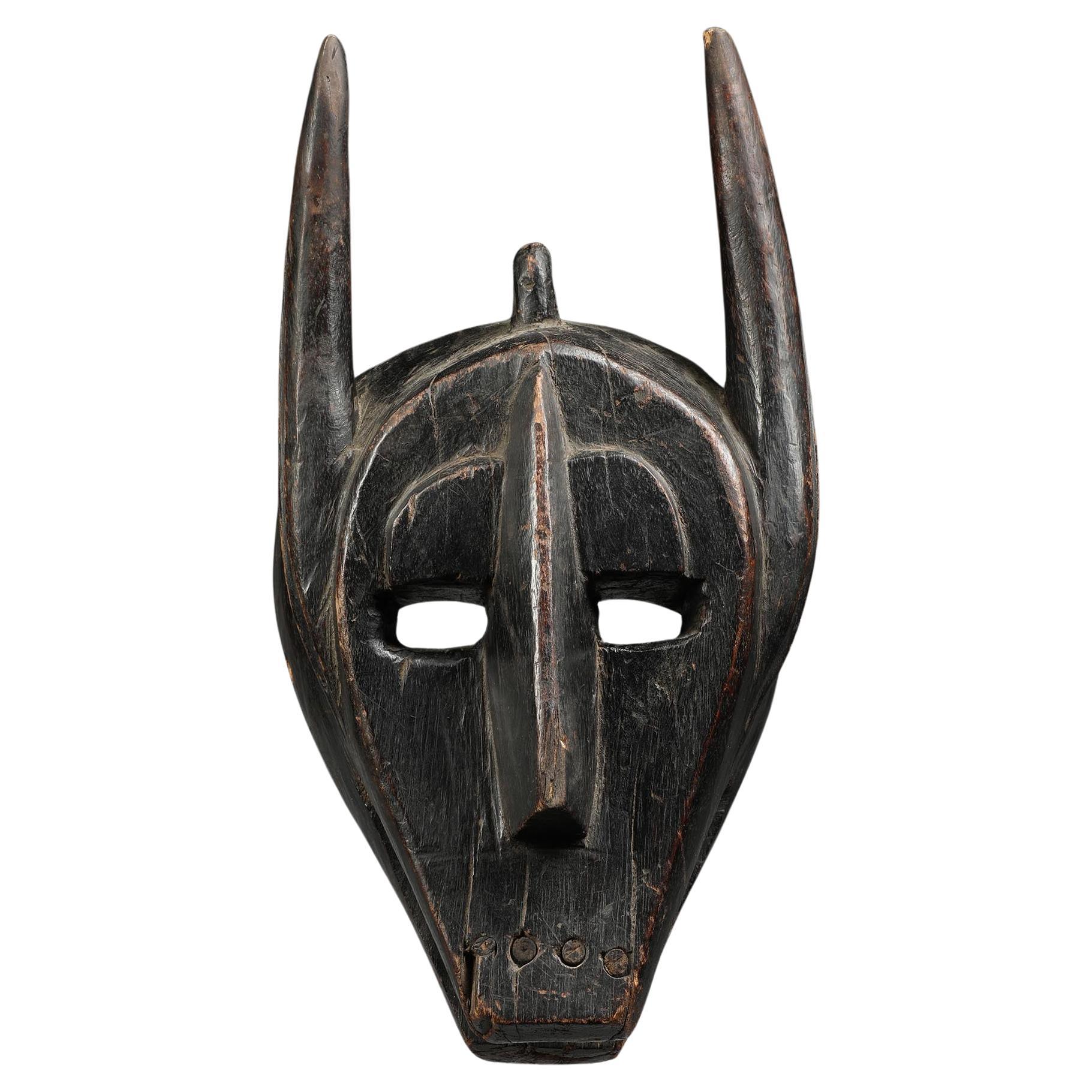 Geometric Barmbara Sukuru Animal Mask with horns, teeth, Mali, West Africa For Sale