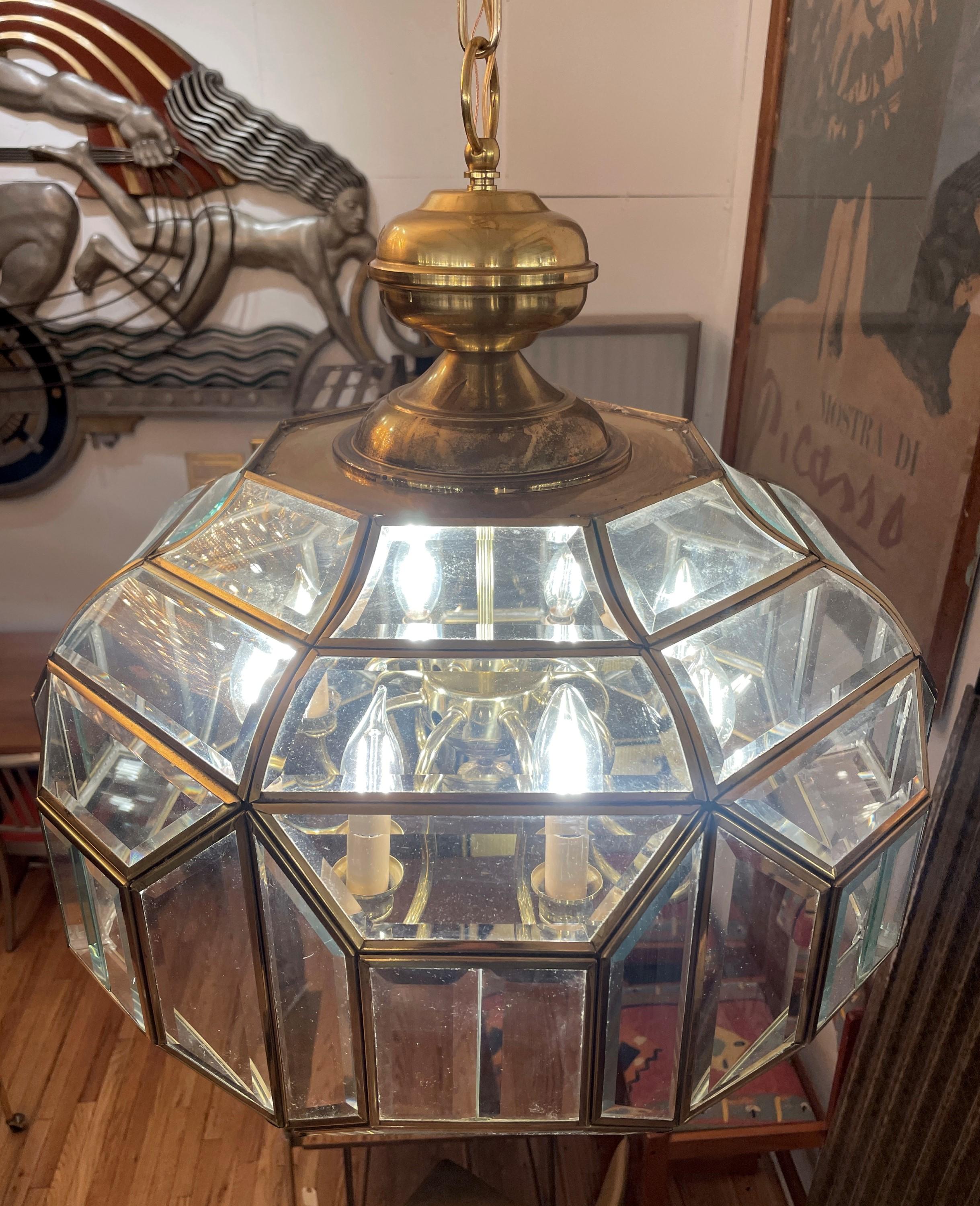 20th Century Geometric Beveled Glass 8 Light Chandelier Pendant Light For Sale