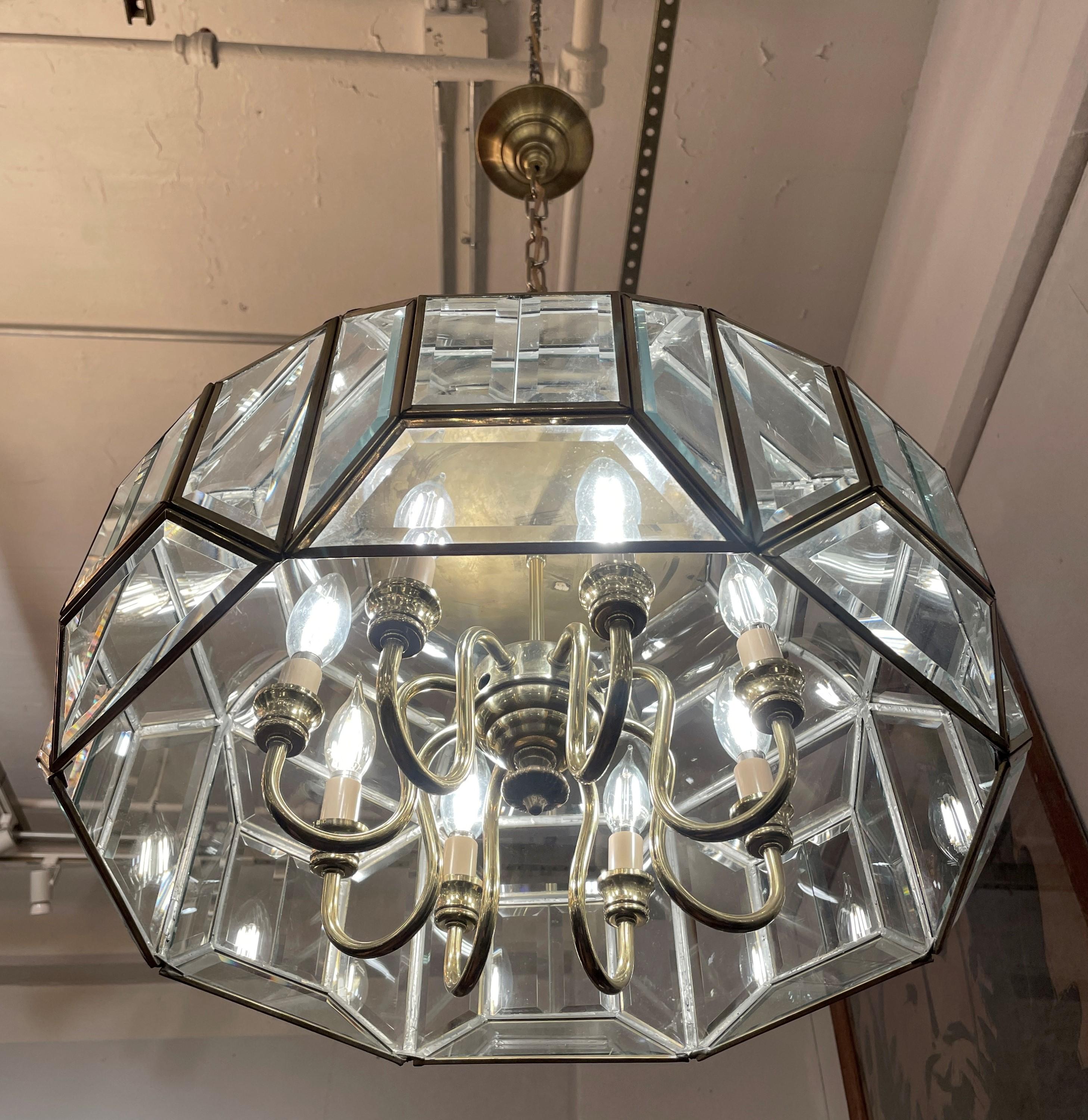 Brass Geometric Beveled Glass 8 Light Chandelier Pendant Light For Sale