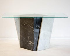 Geometric Black and White Marble Console Table with Glass Top, 1980s