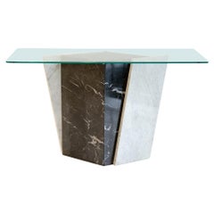 Geometric Black and White Marble Console Table with Glass Top, 1980s