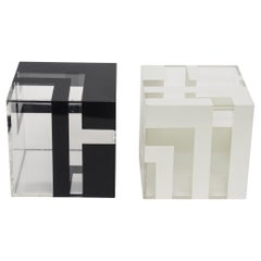Geometric Black and White Square Cube Lucite Sculptures