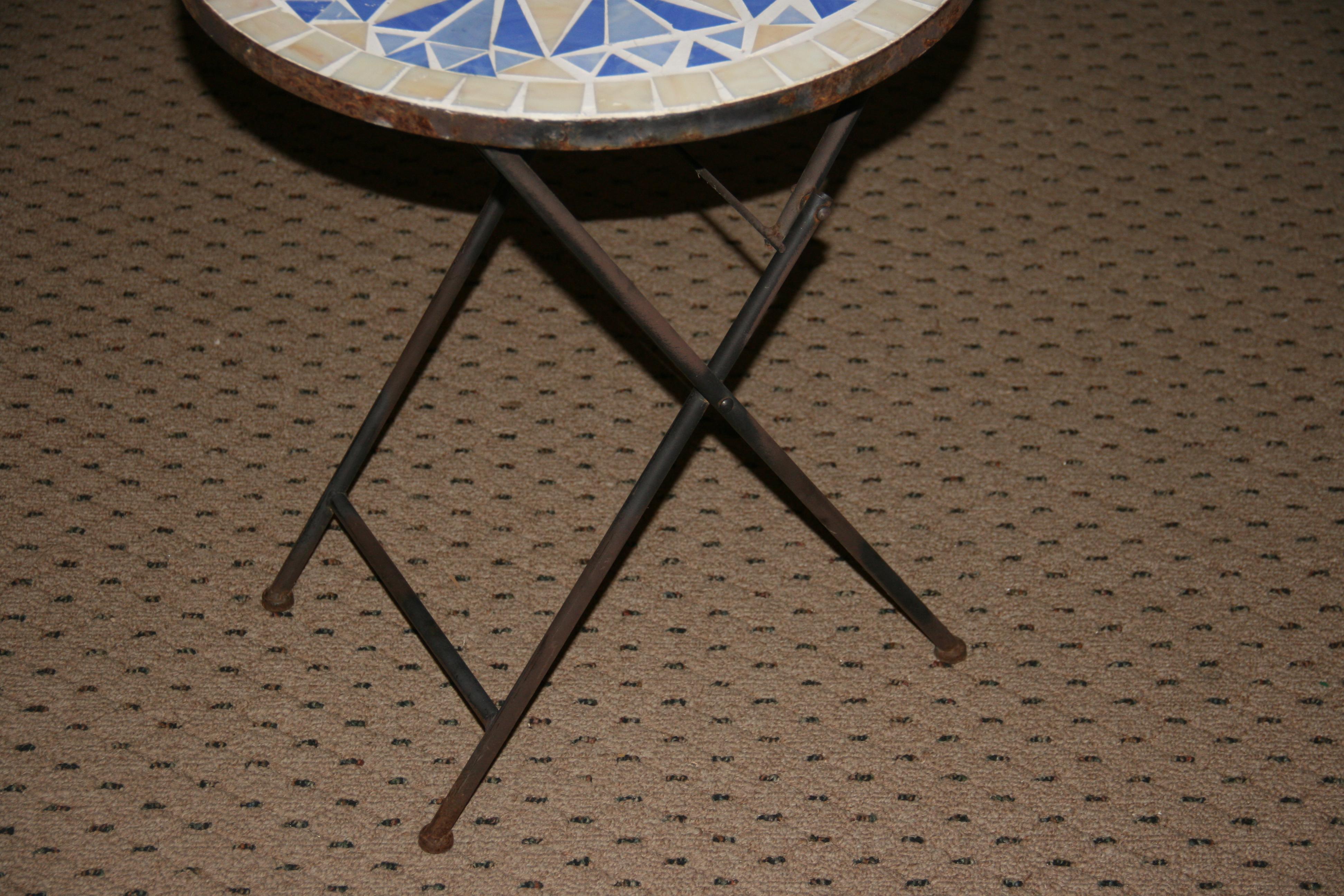 Mid-20th Century Geometric Blue and White Ceramic Garden Folding Table For Sale