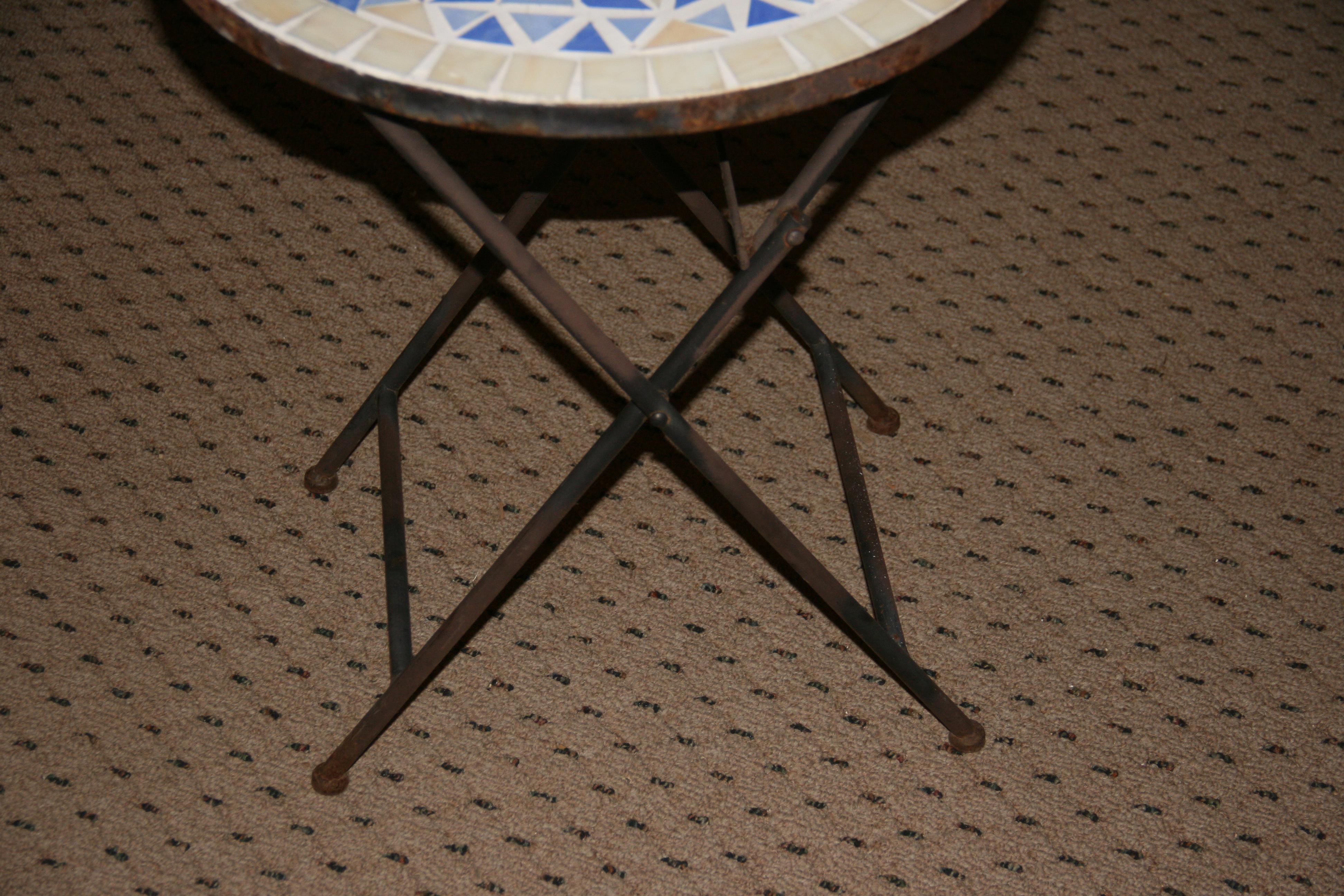 Metal Geometric Blue and White Ceramic Garden Folding Table For Sale