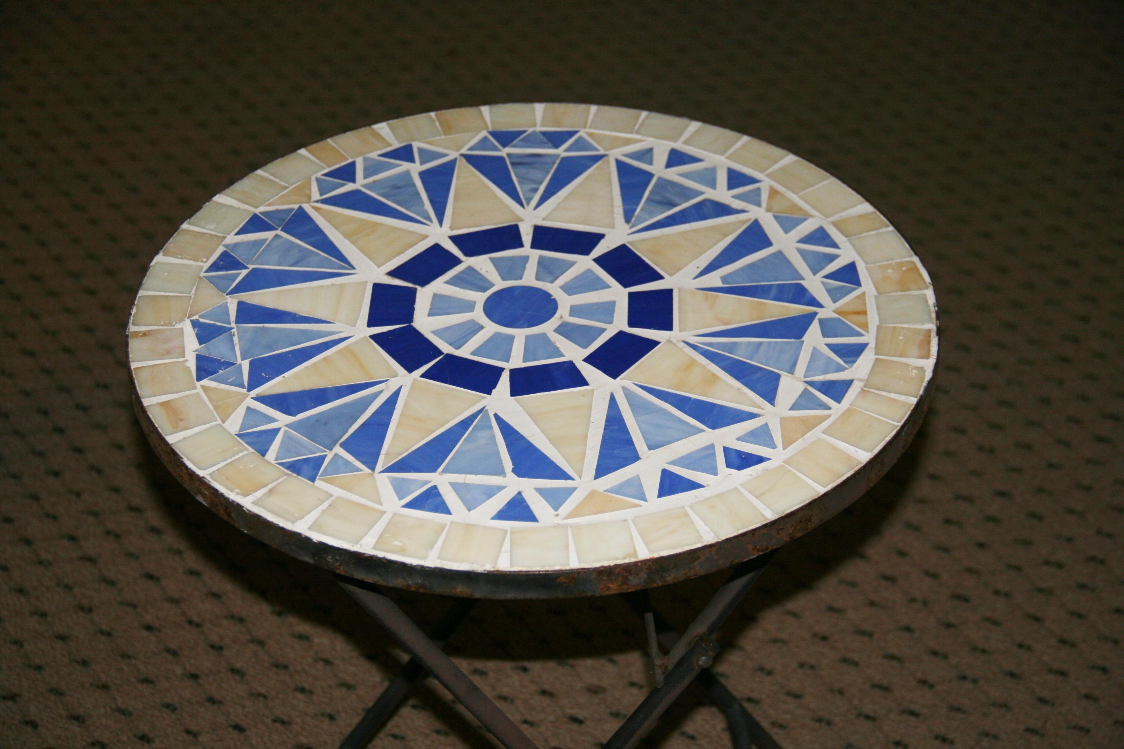 Geometric Blue and White Ceramic Garden Folding Table For Sale 1