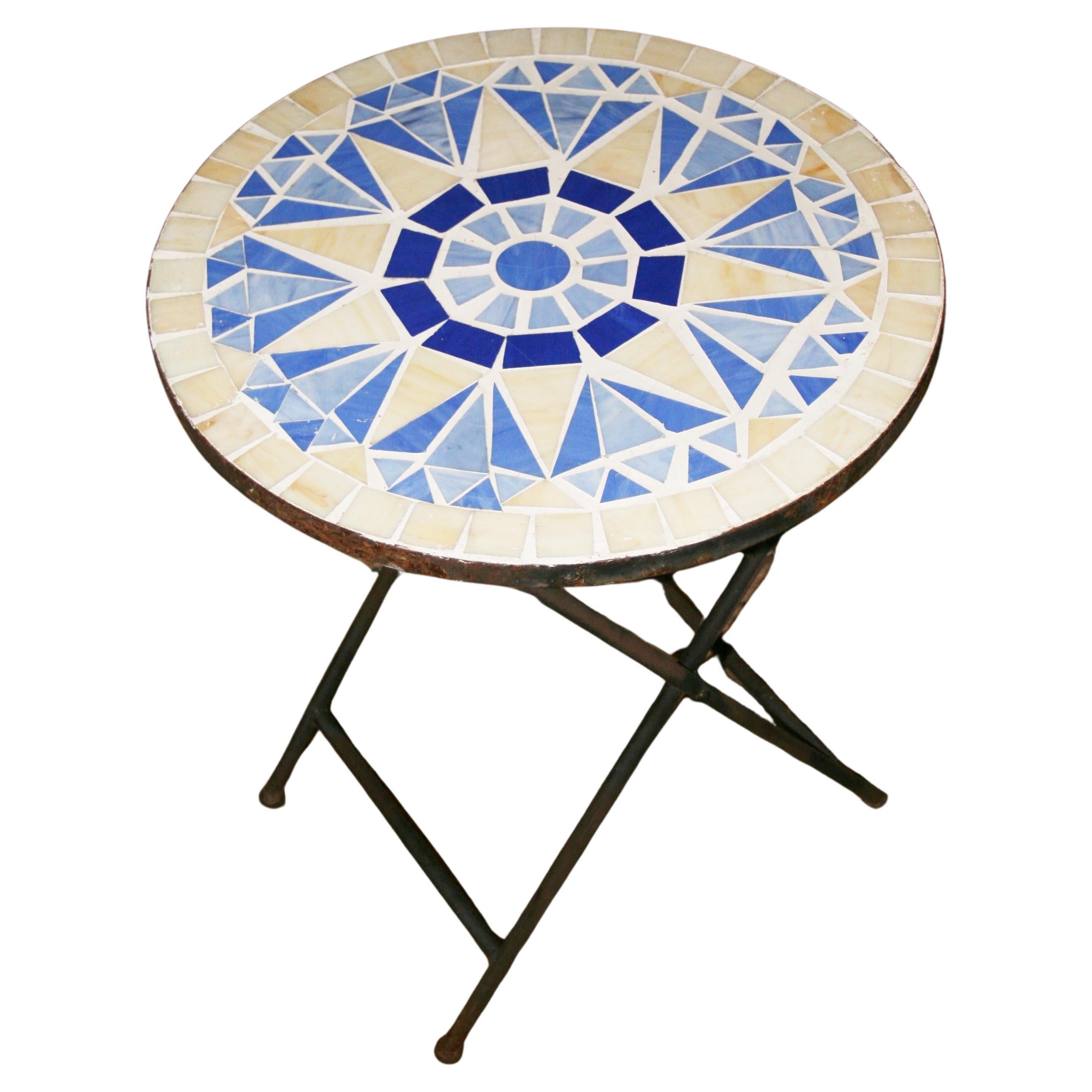 Geometric Blue and White Ceramic Garden Folding Table