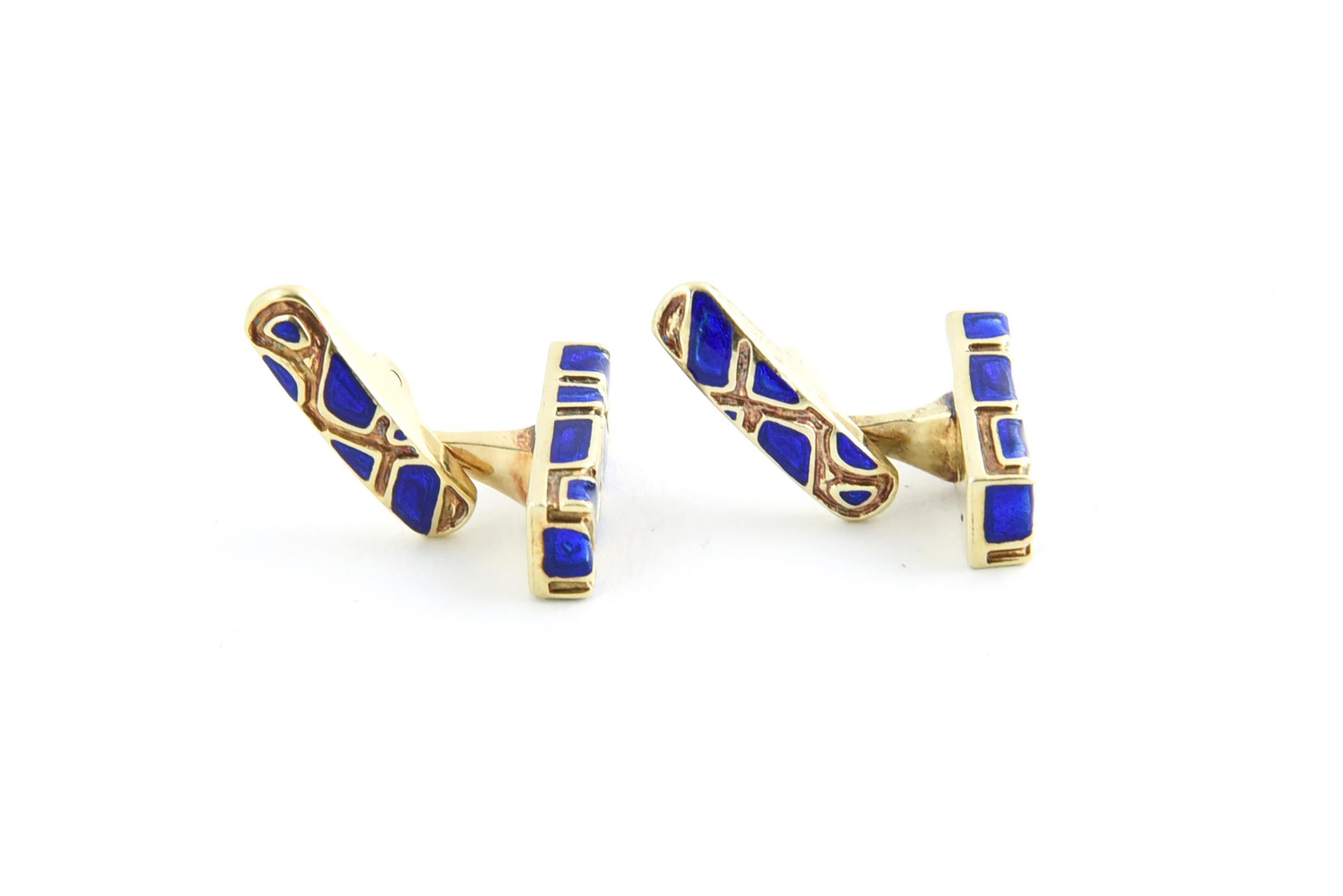 Men's Geometric Blue Enamel and Gold Cufflinks For Sale