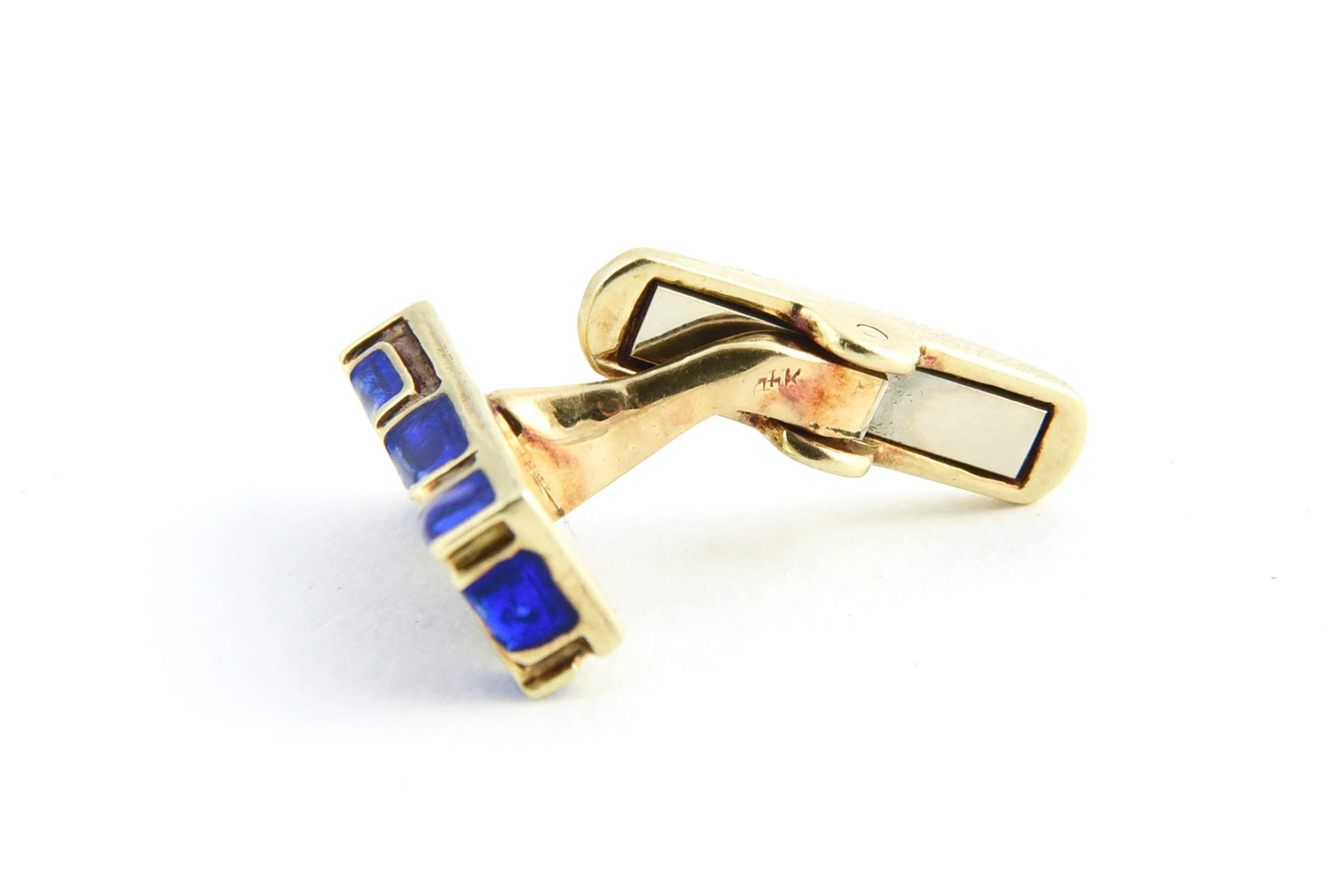 Geometric Blue Enamel and Gold Cufflinks For Sale 5