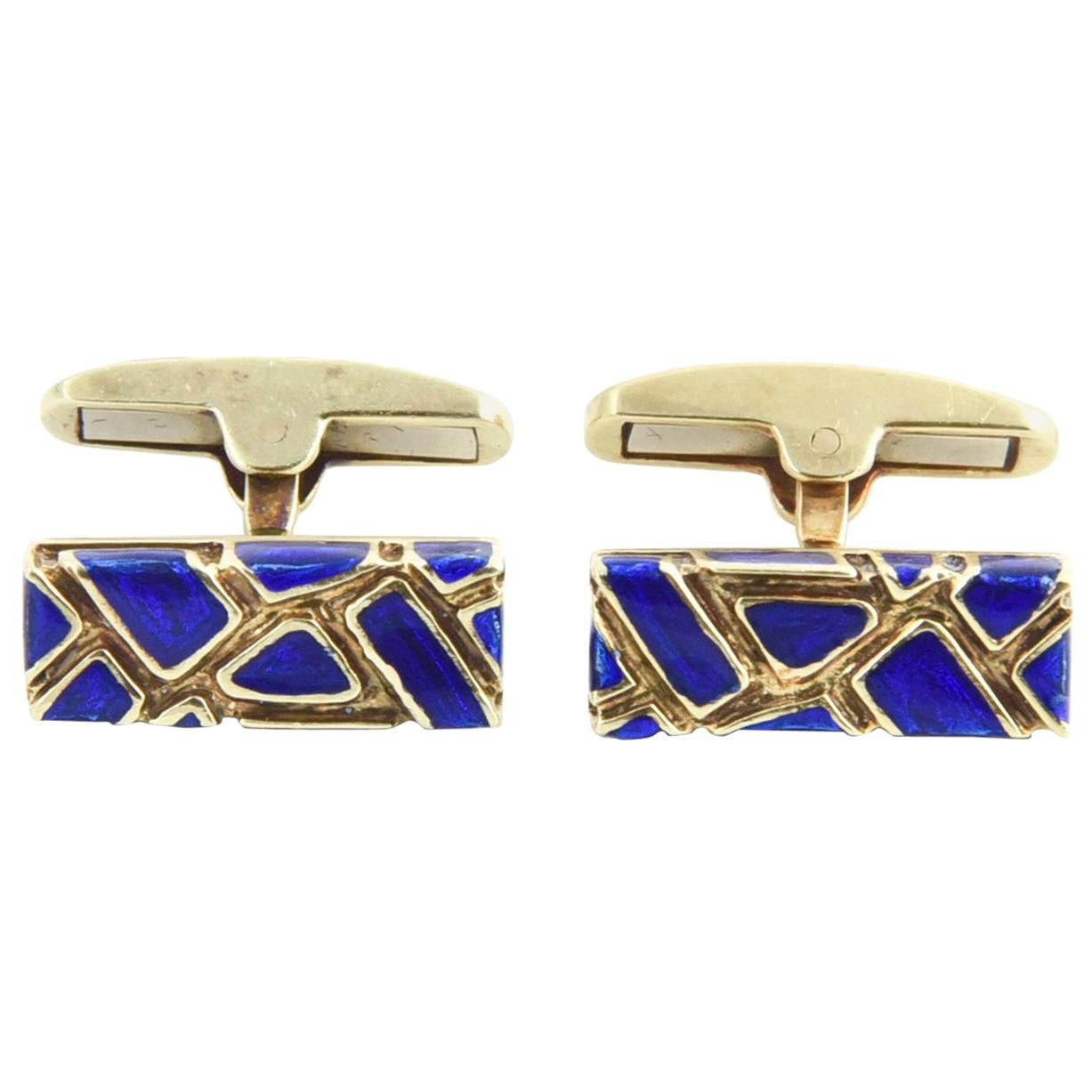 Geometric Blue Enamel and Gold Cufflinks For Sale