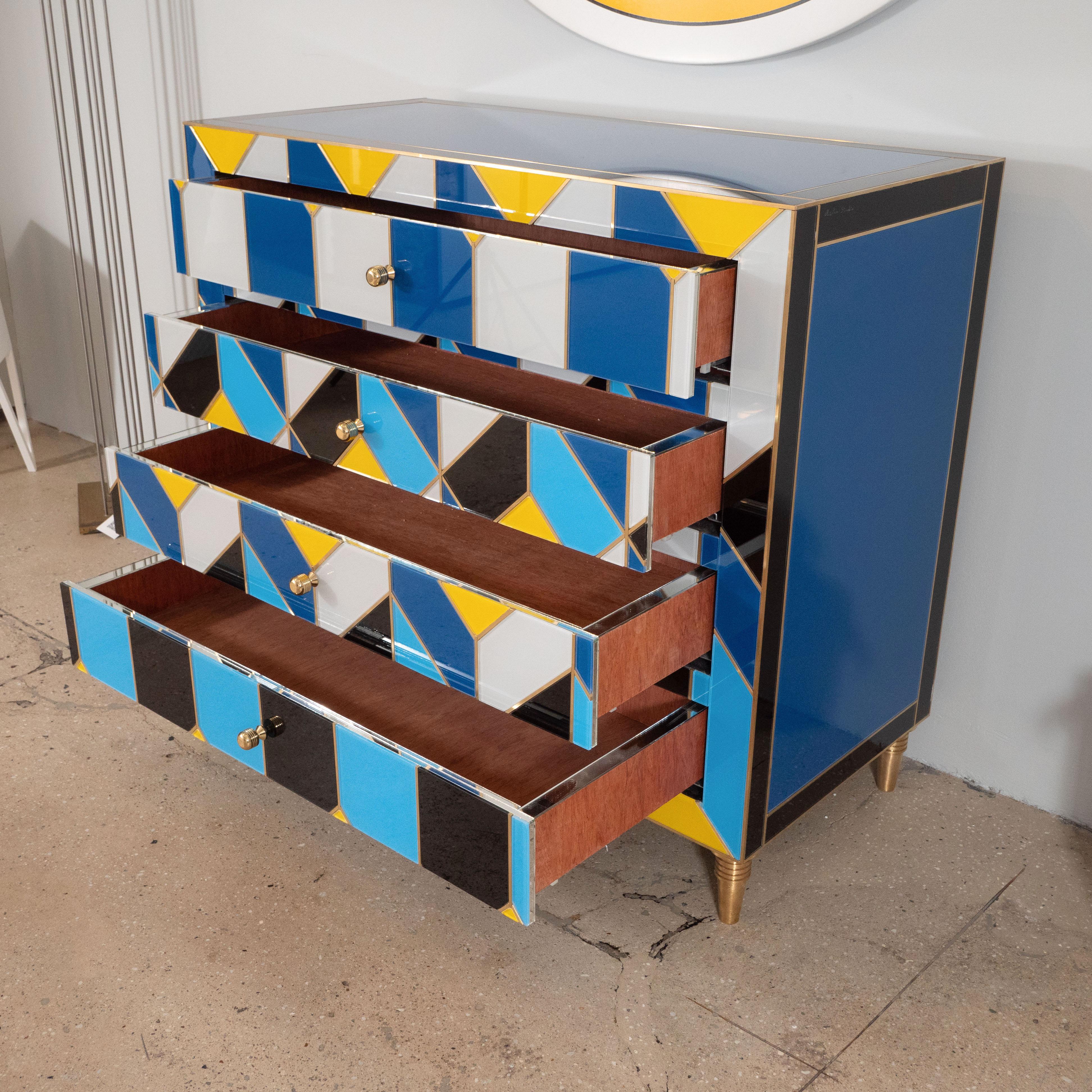 Blue, Ivory, Black, and Yellow Glass with Brass Inlay Chest of Drawers, Spain For Sale 8