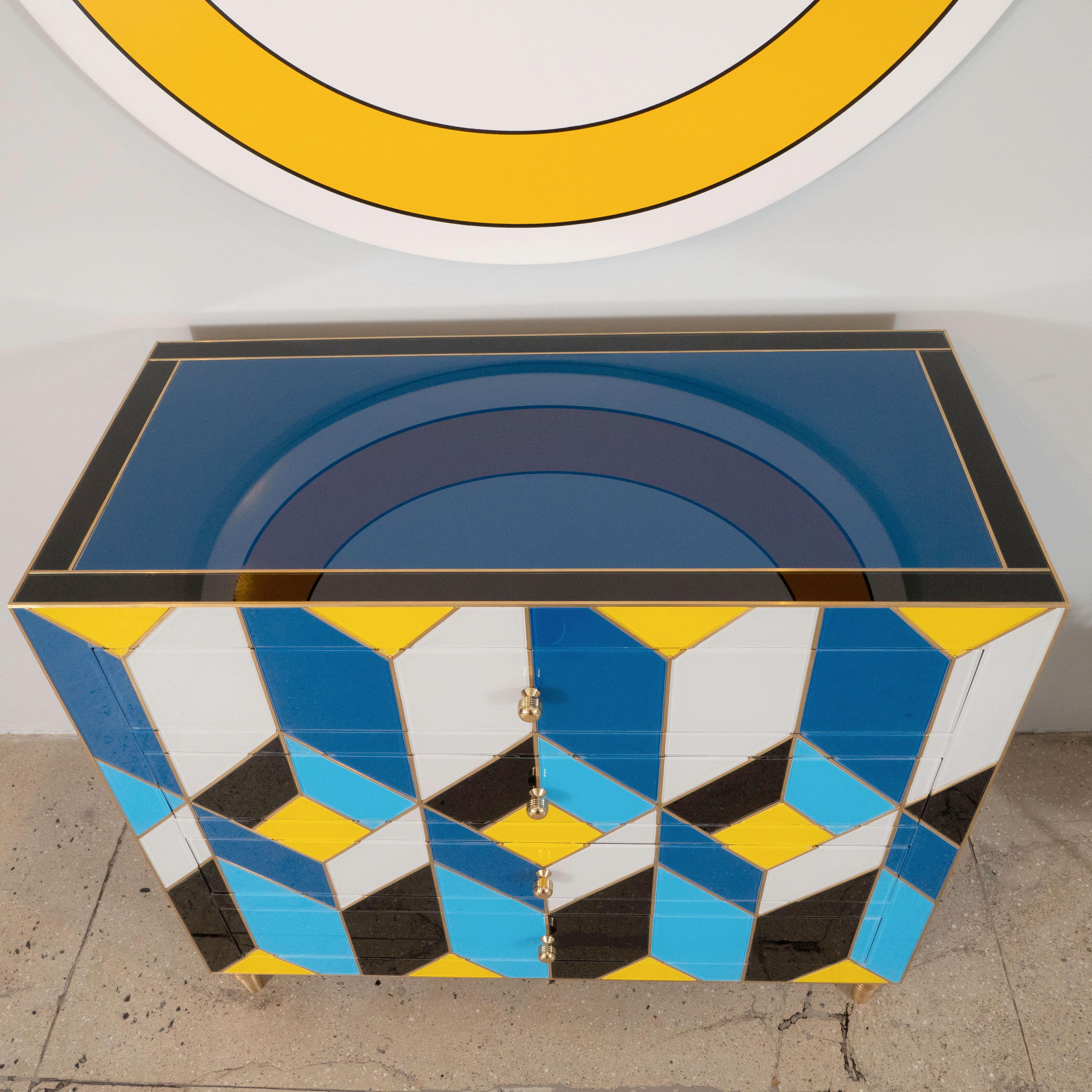 Blue, Ivory, Black, and Yellow Glass with Brass Inlay Chest of Drawers, Spain For Sale 9