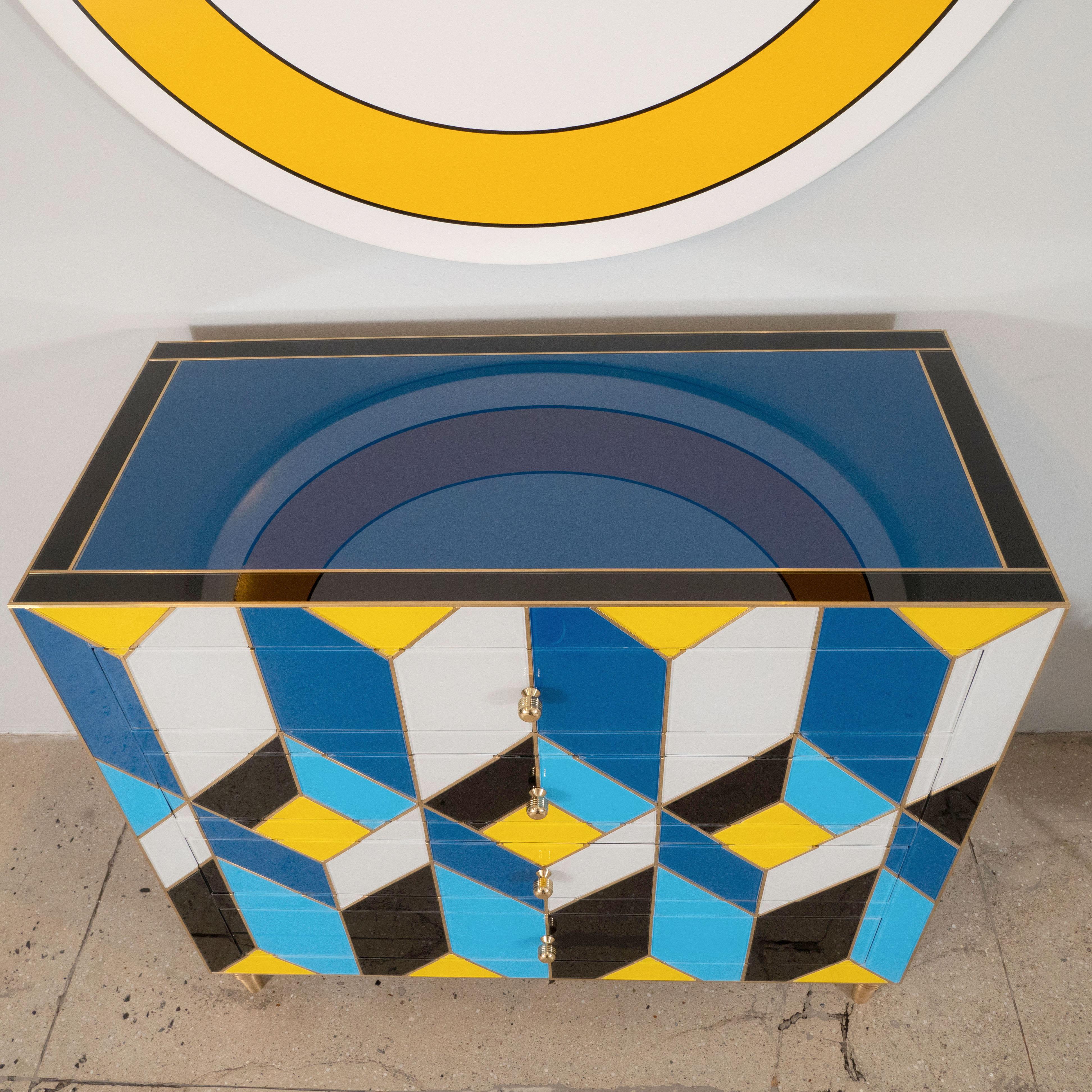 Blue, Ivory, Black, and Yellow Glass with Brass Inlay Chest of Drawers, Spain For Sale 10