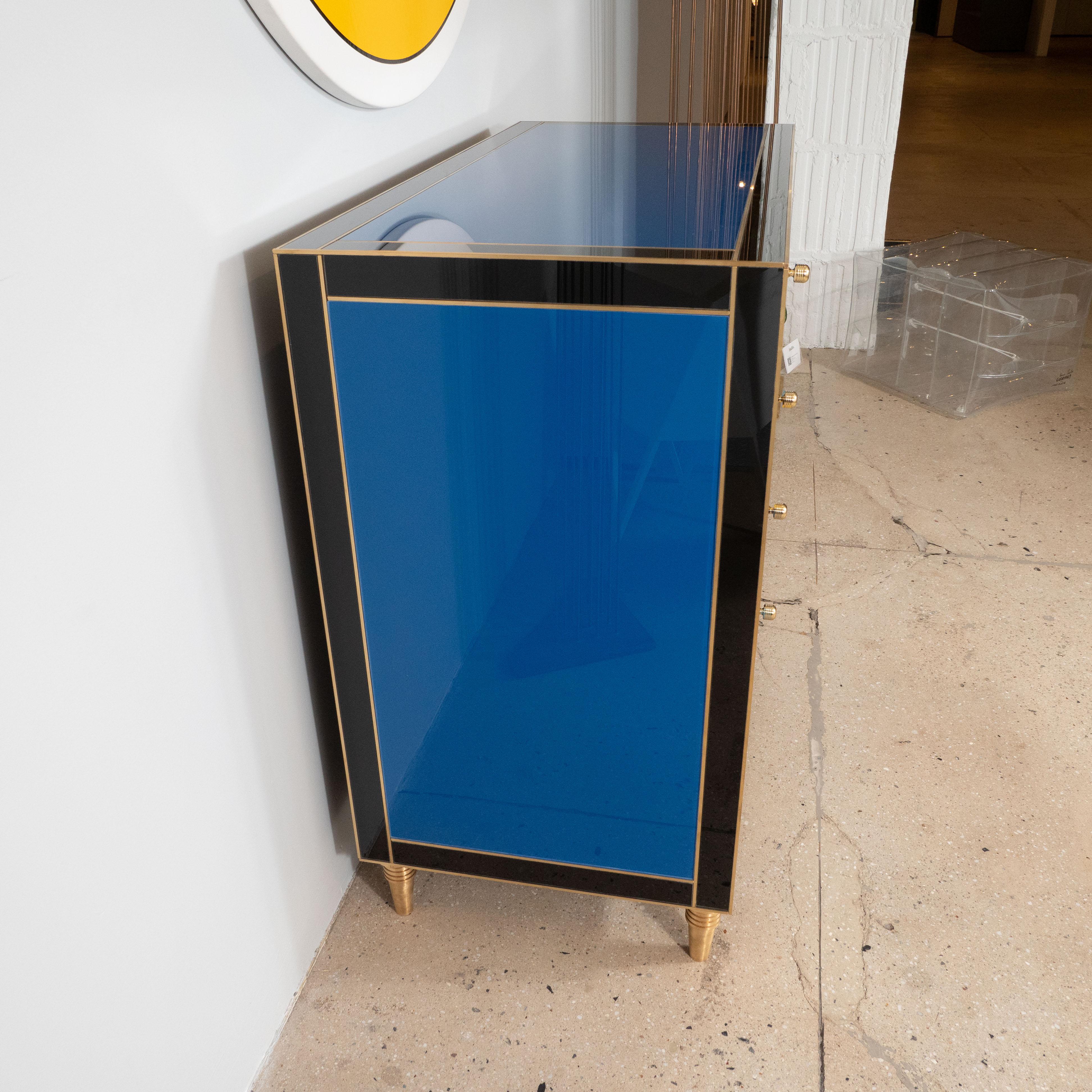 Blue, Ivory, Black, and Yellow Glass with Brass Inlay Chest of Drawers, Spain For Sale 11