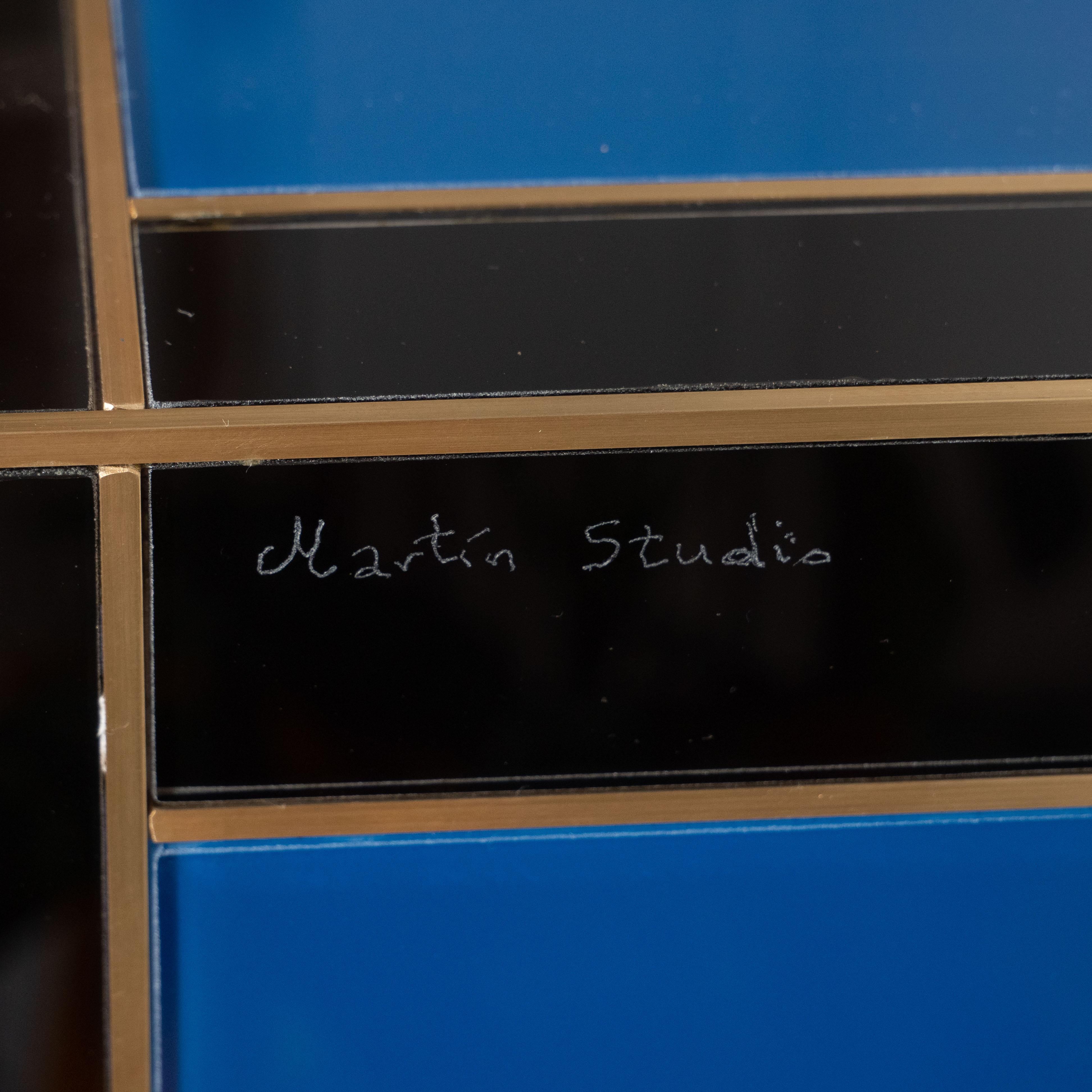 Blue, Ivory, Black, and Yellow Glass with Brass Inlay Chest of Drawers, Spain For Sale 11