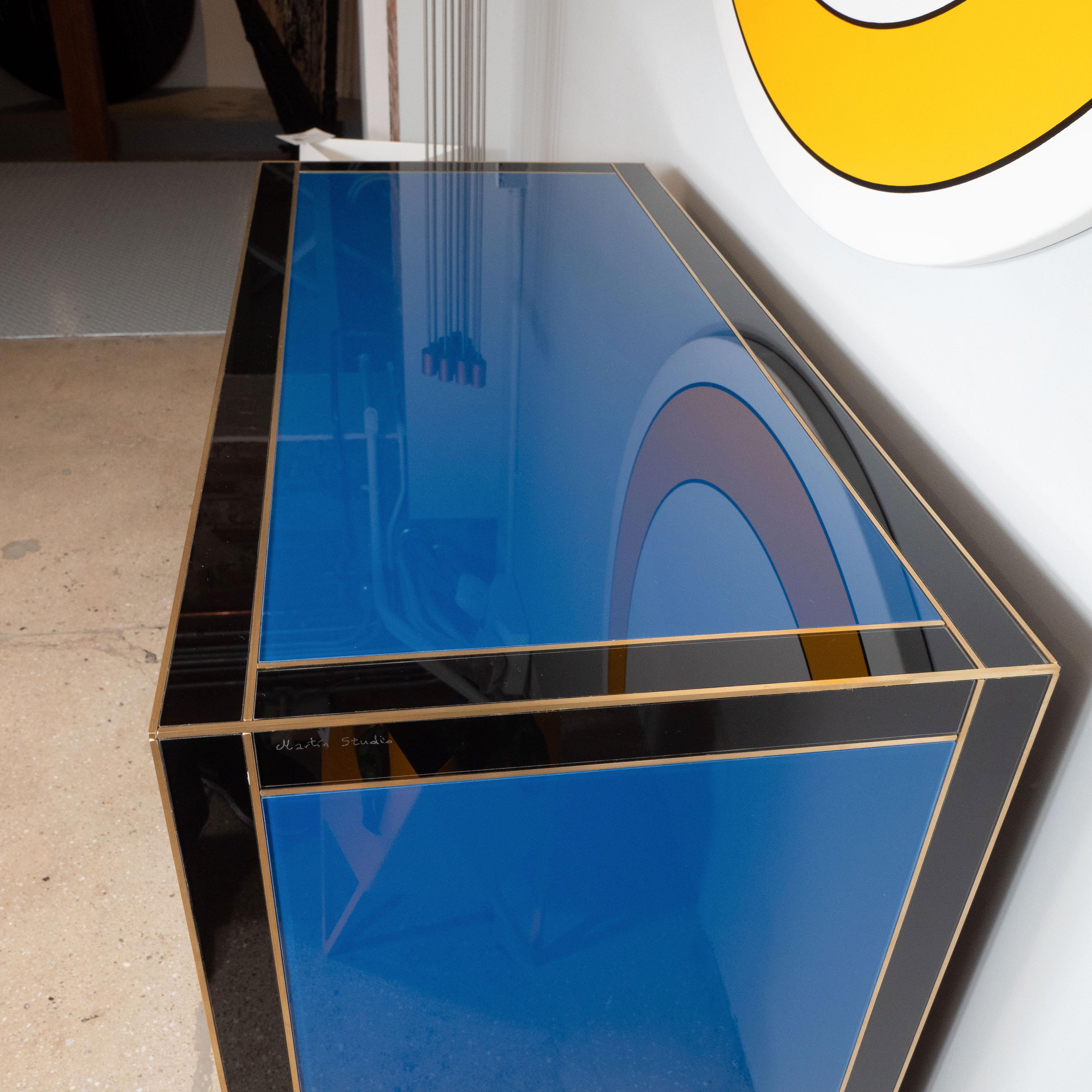 Blue, Ivory, Black, and Yellow Glass with Brass Inlay Chest of Drawers, Spain For Sale 13