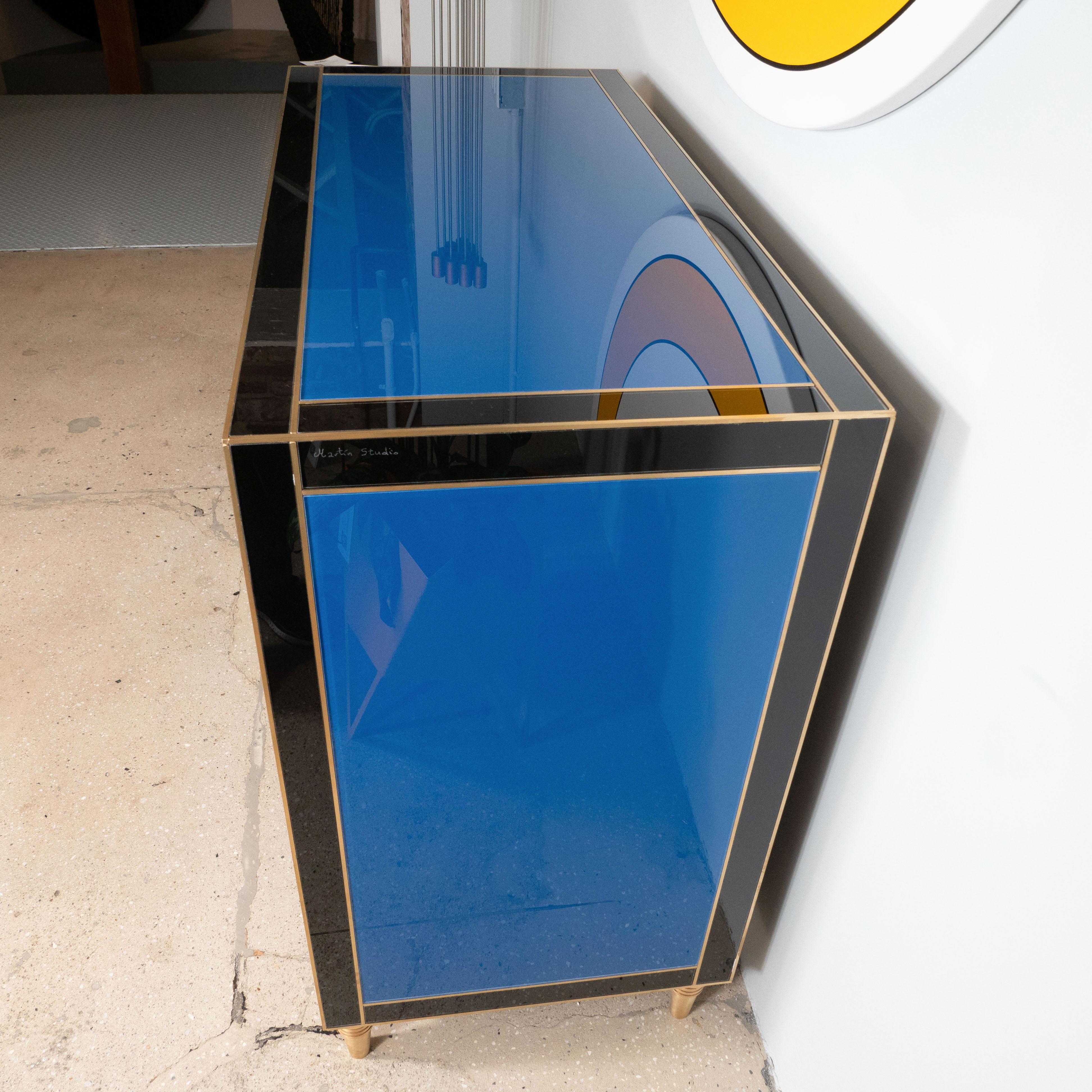 Blue, Ivory, Black, and Yellow Glass with Brass Inlay Chest of Drawers, Spain For Sale 13