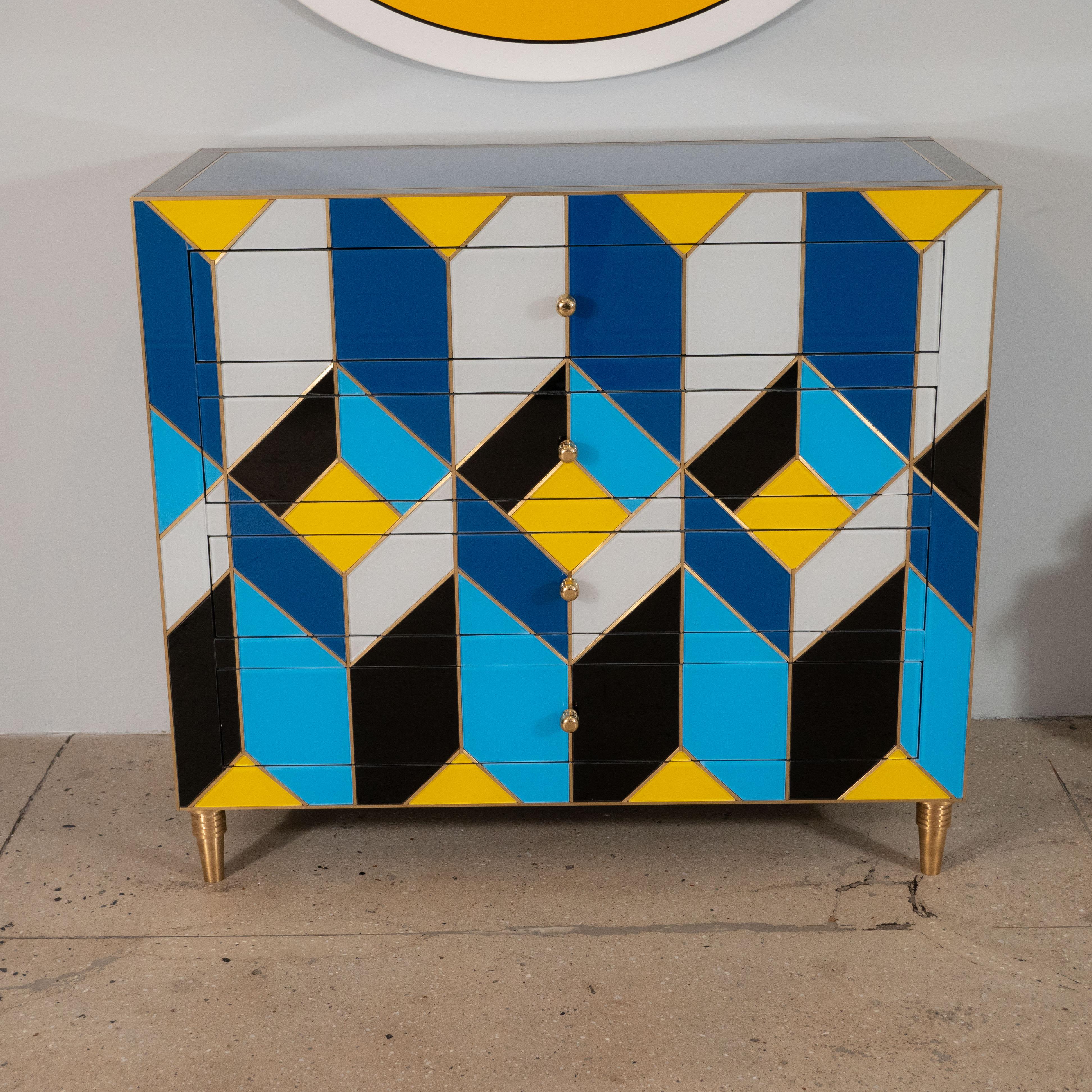 Contemporary Blue, Ivory, Black, and Yellow Glass with Brass Inlay Chest of Drawers, Spain For Sale