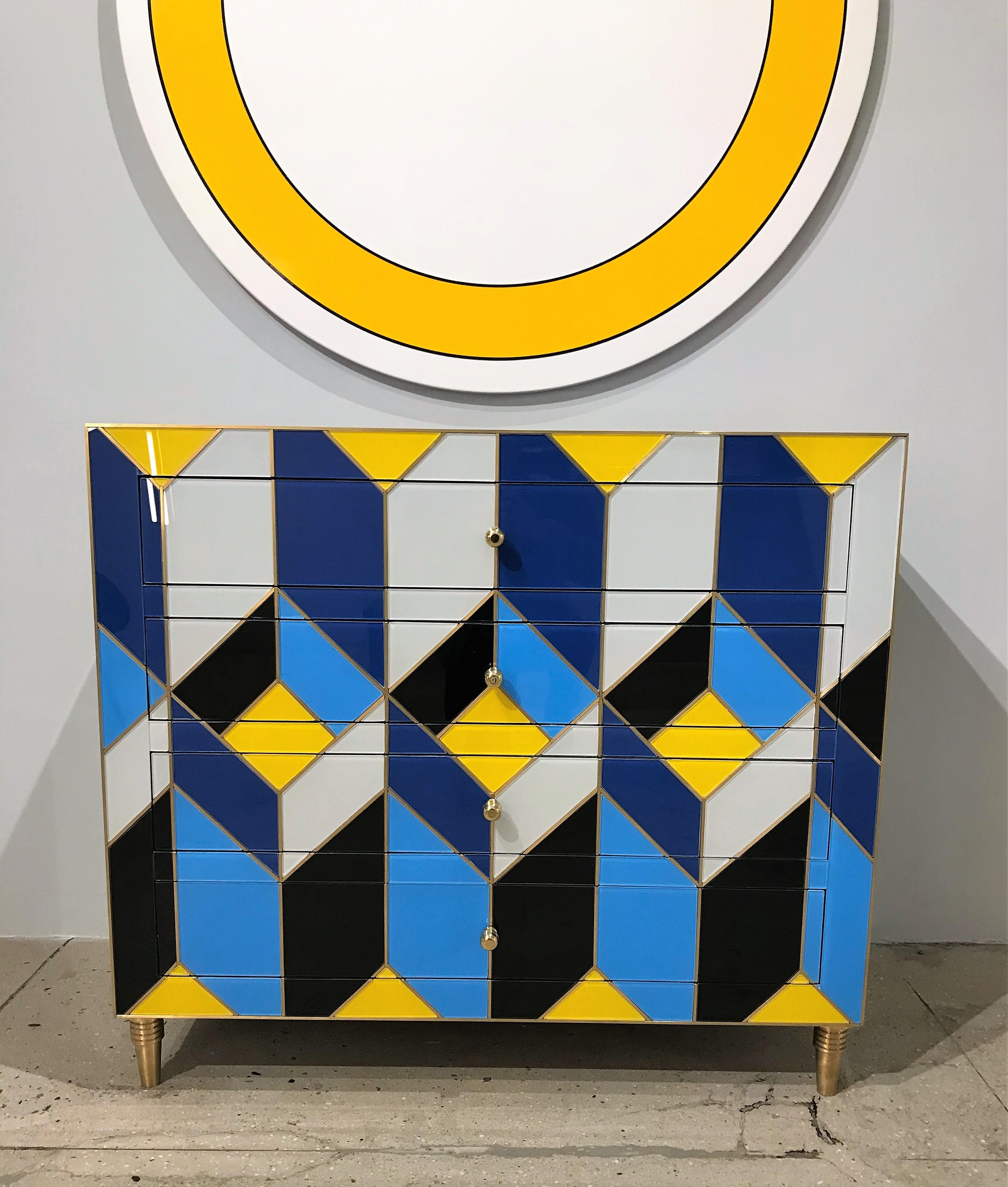 Spanish Blue, Ivory, Black, and Yellow Glass with Brass Inlay Chest of Drawers, Spain For Sale