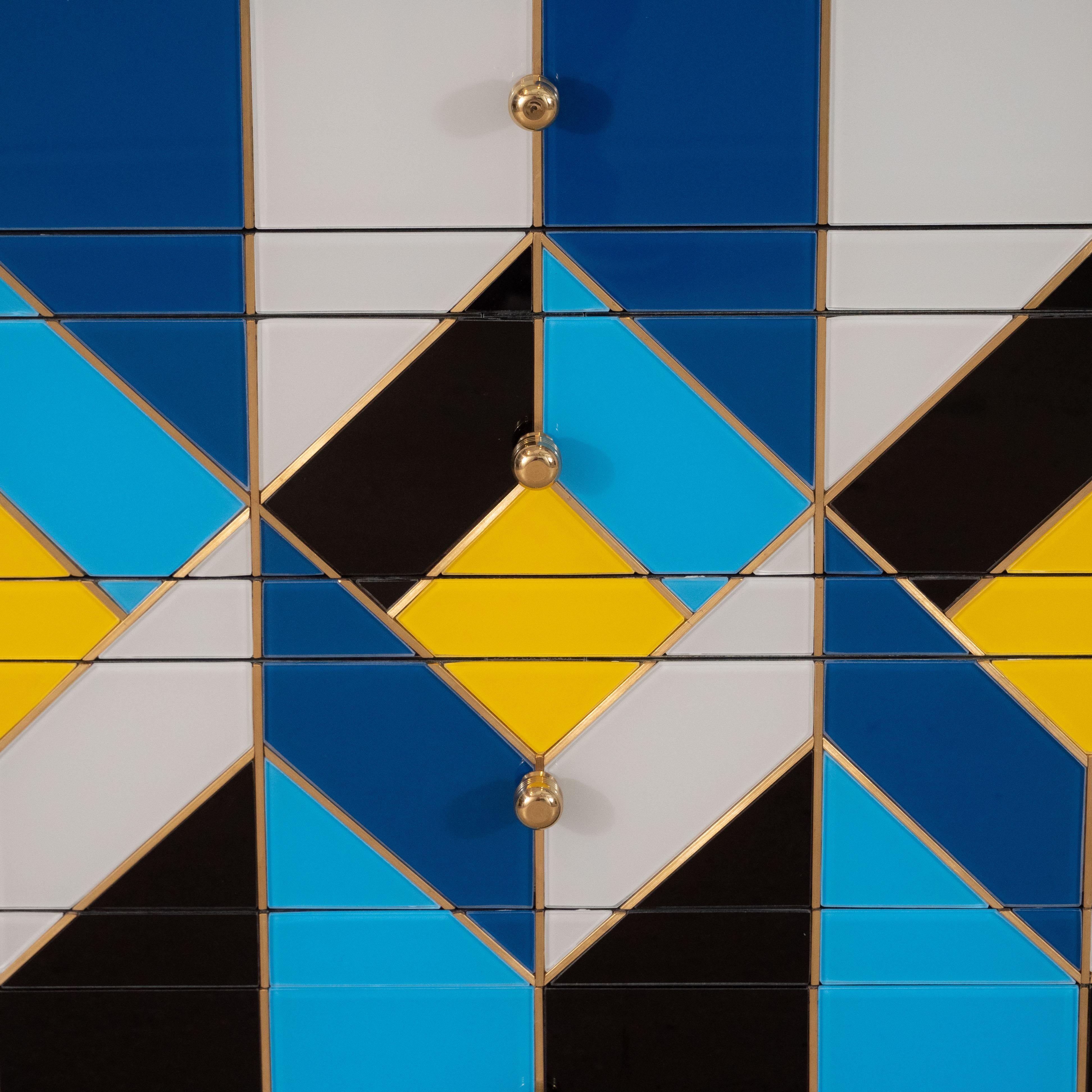 Contemporary Blue, Ivory, Black, and Yellow Glass with Brass Inlay Chest of Drawers, Spain For Sale