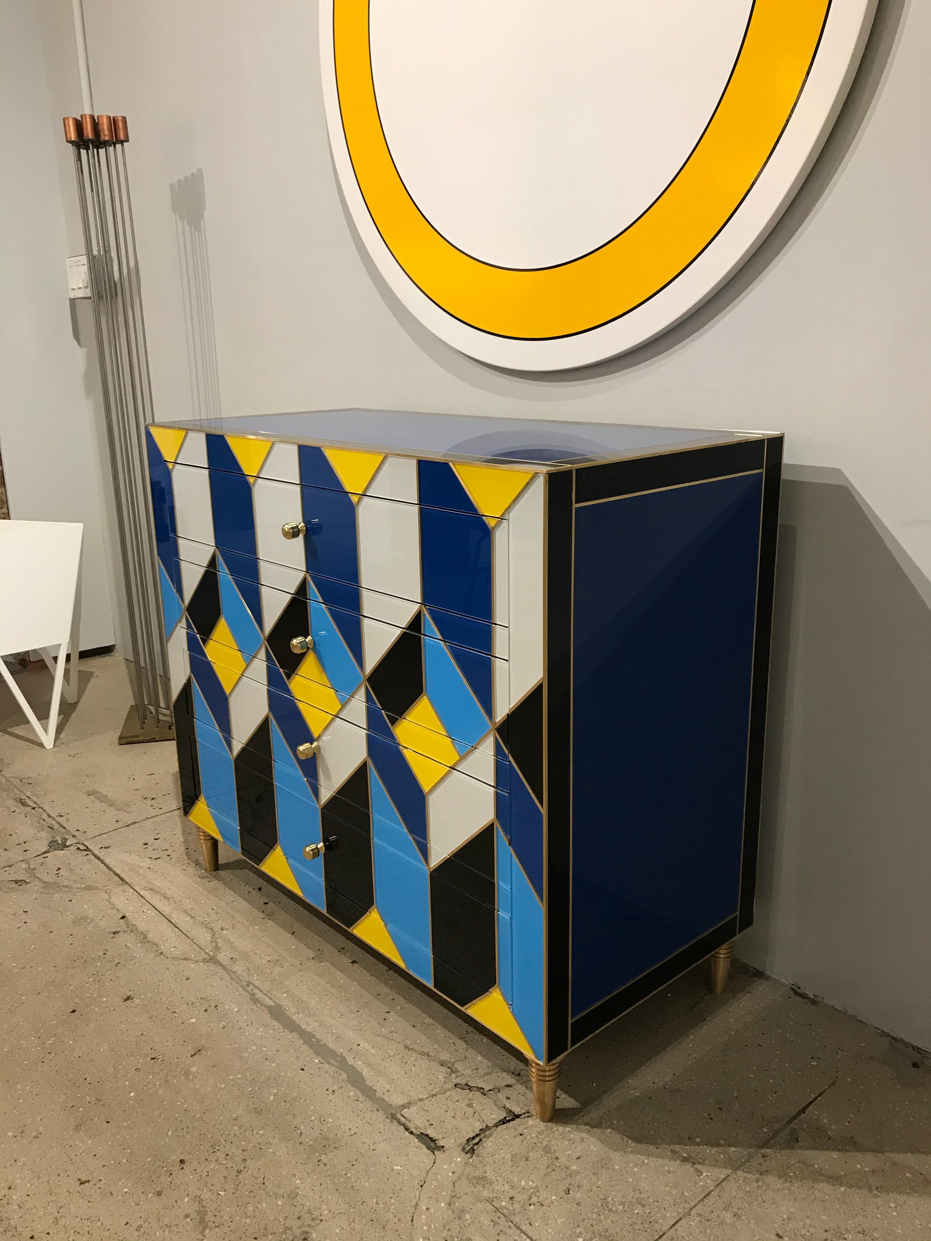 Hand-Crafted Blue, Ivory, Black, and Yellow Glass with Brass Inlay Chest of Drawers, Spain For Sale