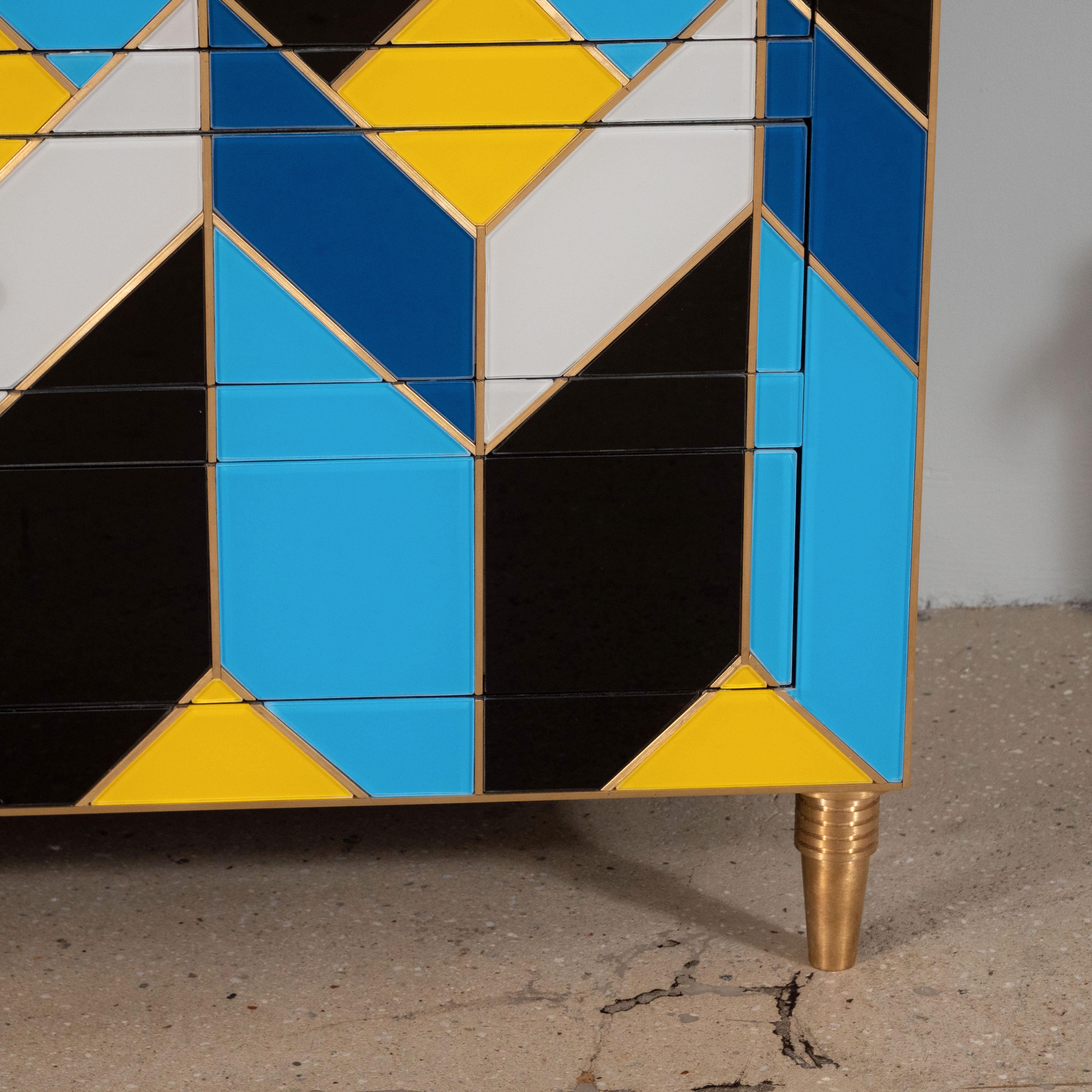 Blue, Ivory, Black, and Yellow Glass with Brass Inlay Chest of Drawers, Spain For Sale 2