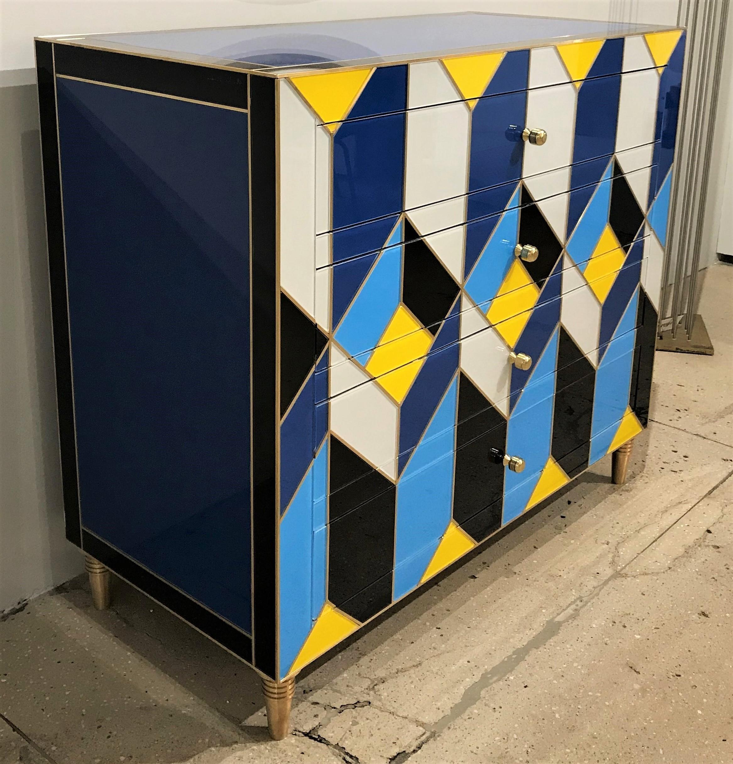 Blue, Ivory, Black, and Yellow Glass with Brass Inlay Chest of Drawers, Spain In New Condition For Sale In New York, NY