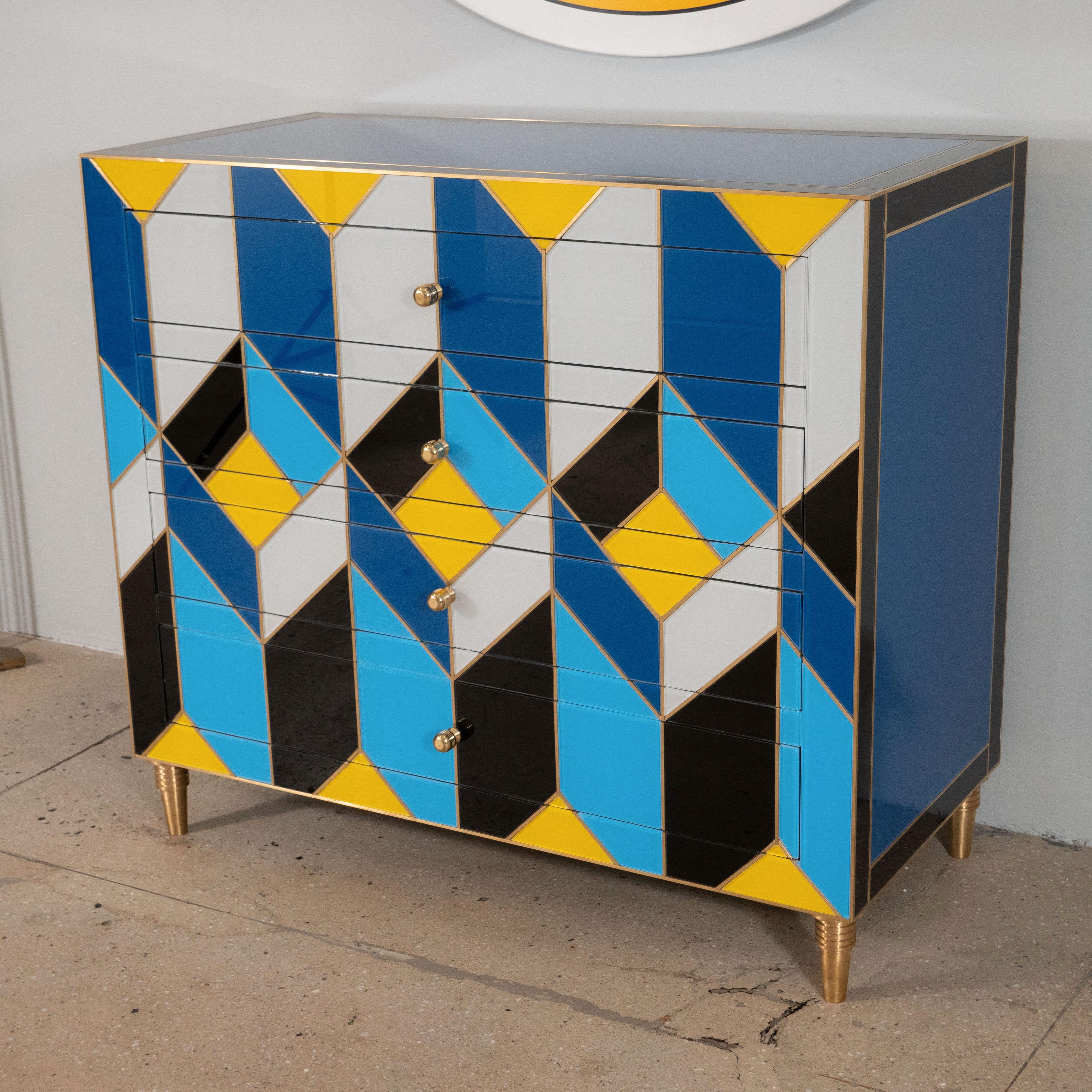Blue, Ivory, Black, and Yellow Glass with Brass Inlay Chest of Drawers, Spain For Sale 3