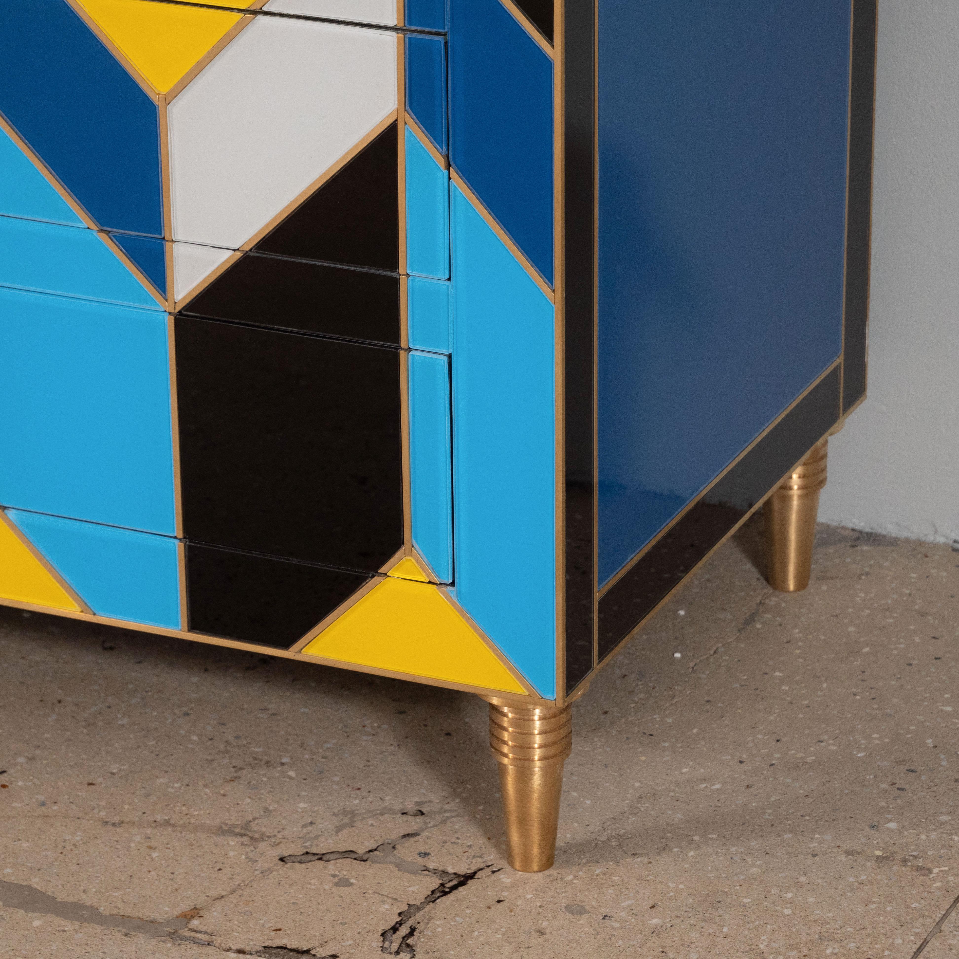 Blue, Ivory, Black, and Yellow Glass with Brass Inlay Chest of Drawers, Spain For Sale 4