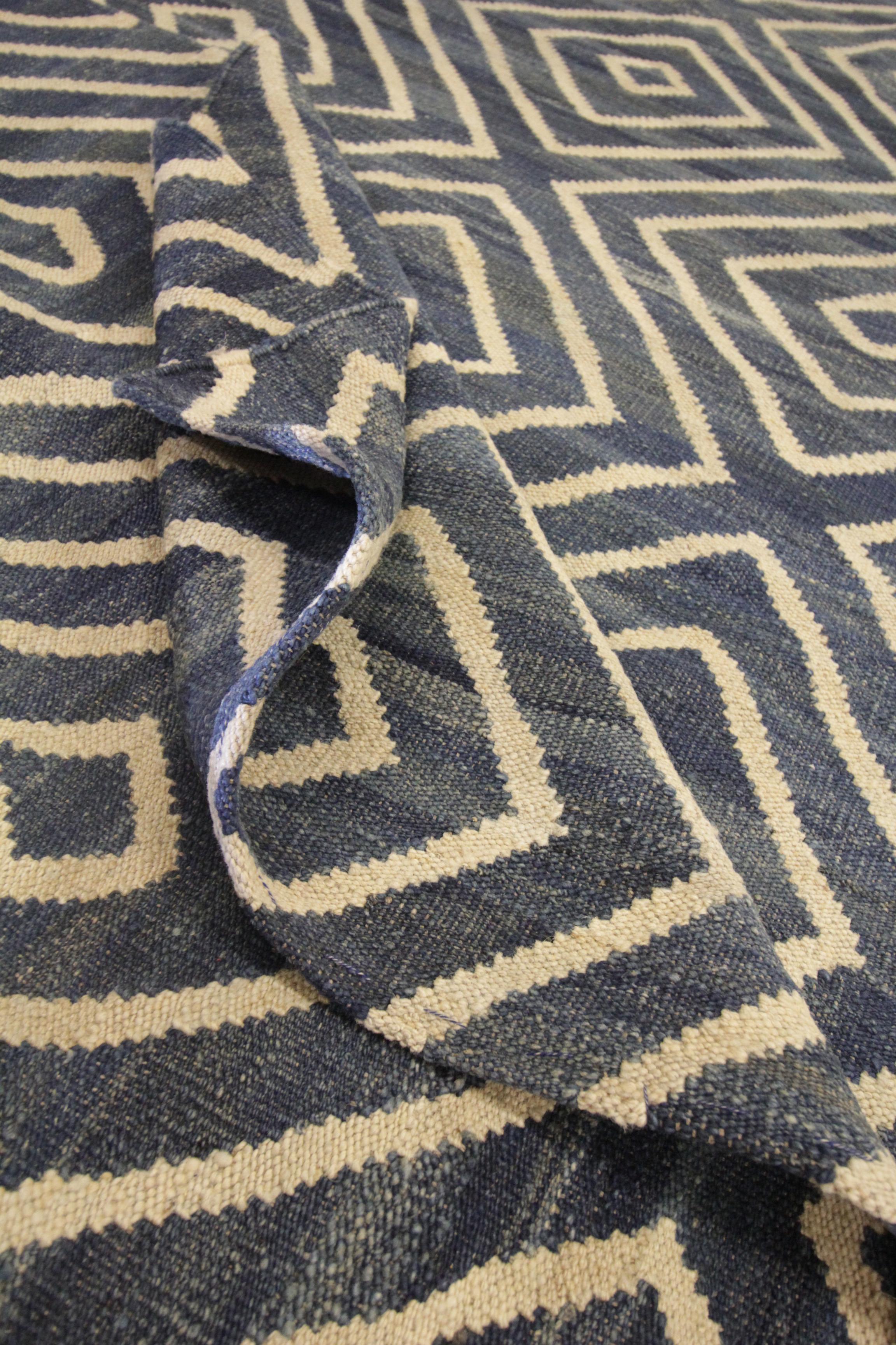 Geometric Blue Kilim Rug Scandinavian Style Modern Rug, Handmade Carpet 2