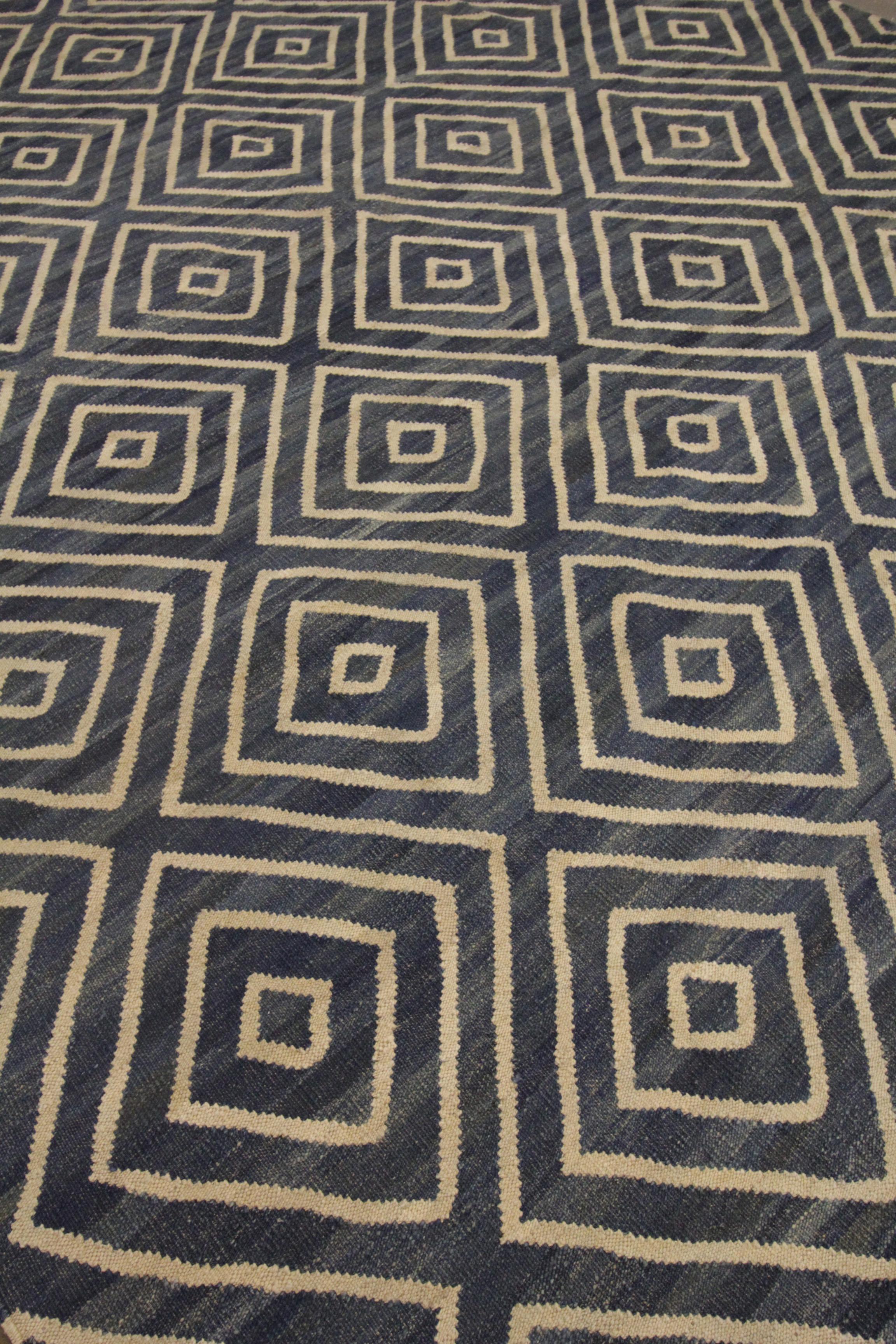 Mid-Century Modern Geometric Blue Kilim Rug Scandinavian Style Modern Rug, Handmade Carpet
