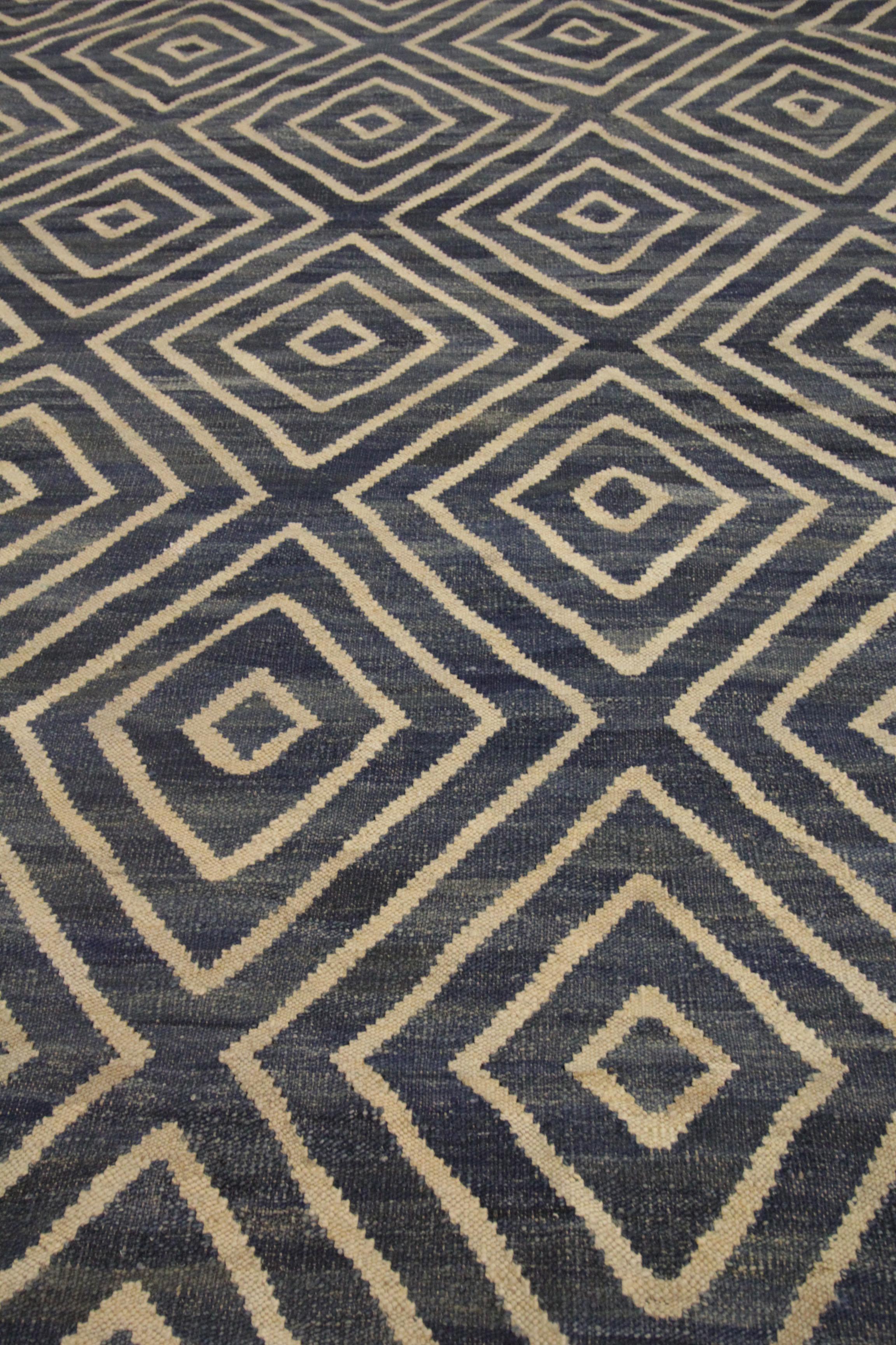 Afghan Geometric Blue Kilim Rug Scandinavian Style Modern Rug, Handmade Carpet
