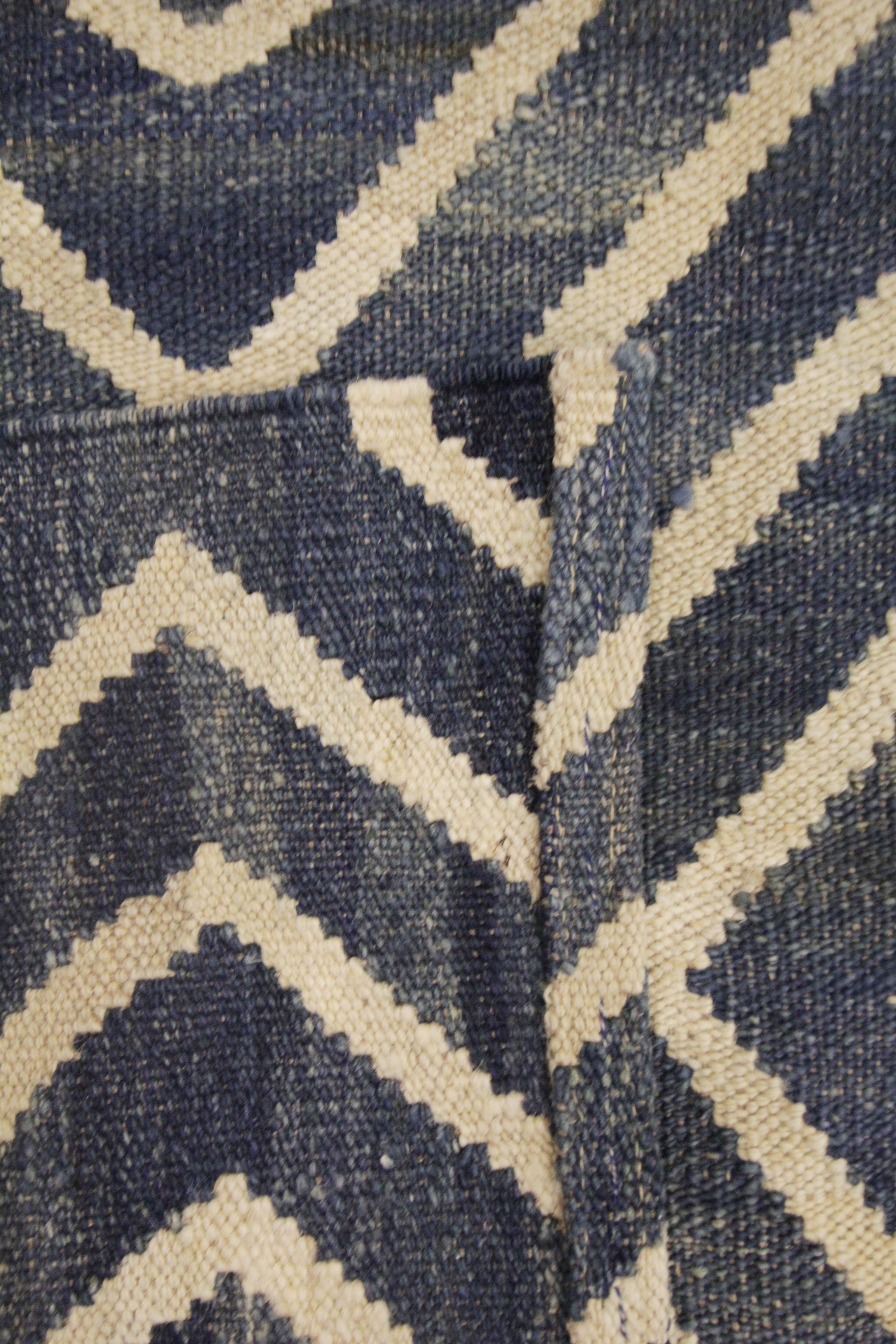 Wool Geometric Blue Kilim Rug Scandinavian Style Modern Rug, Handmade Carpet